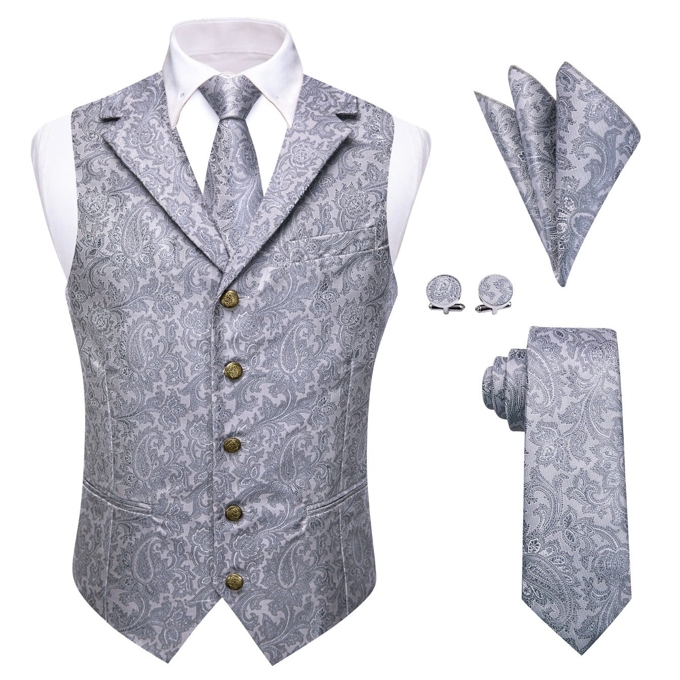 4pcs Silver Gray Paisley Jacquard Lapel Set | Formal - Ideal For And Wedding Receptions, Non-stretch Fabric, , , Details, By