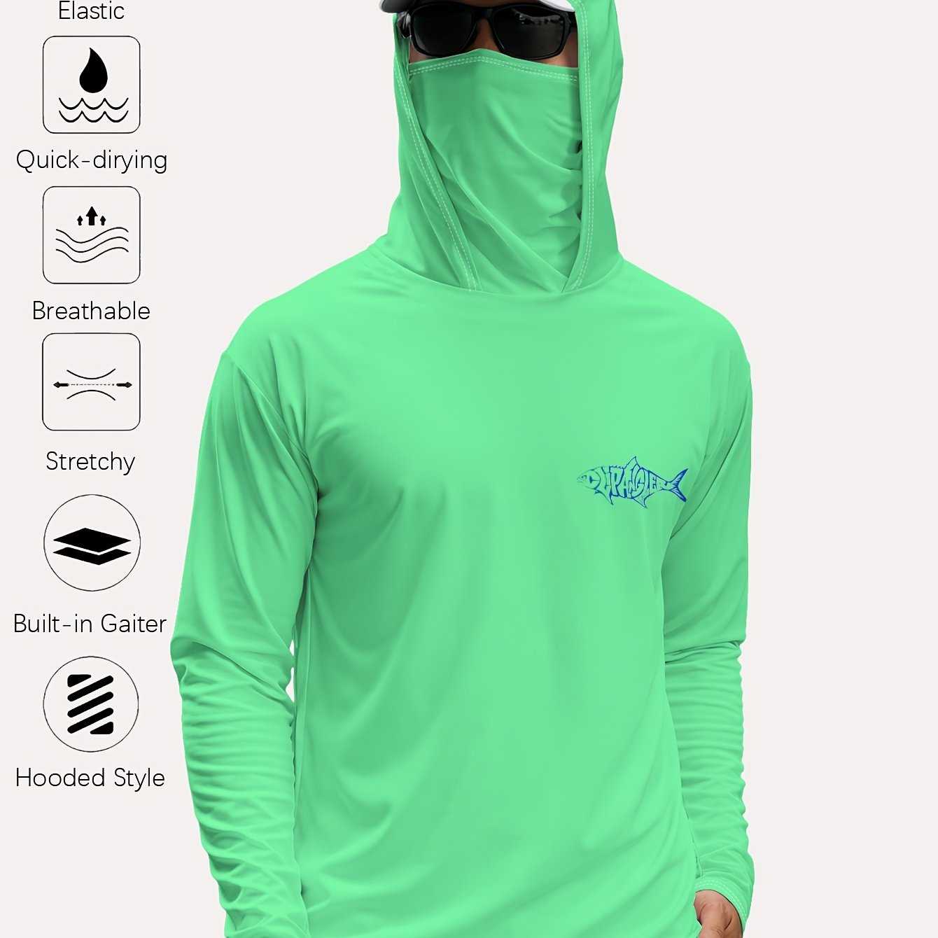 TEMU Men's Outdoor Hooded Face Cover Long Sleeve T-shirt Elastic Breathable Quick-drying Fishing Clothing With Mask Sunshade Sport Top||