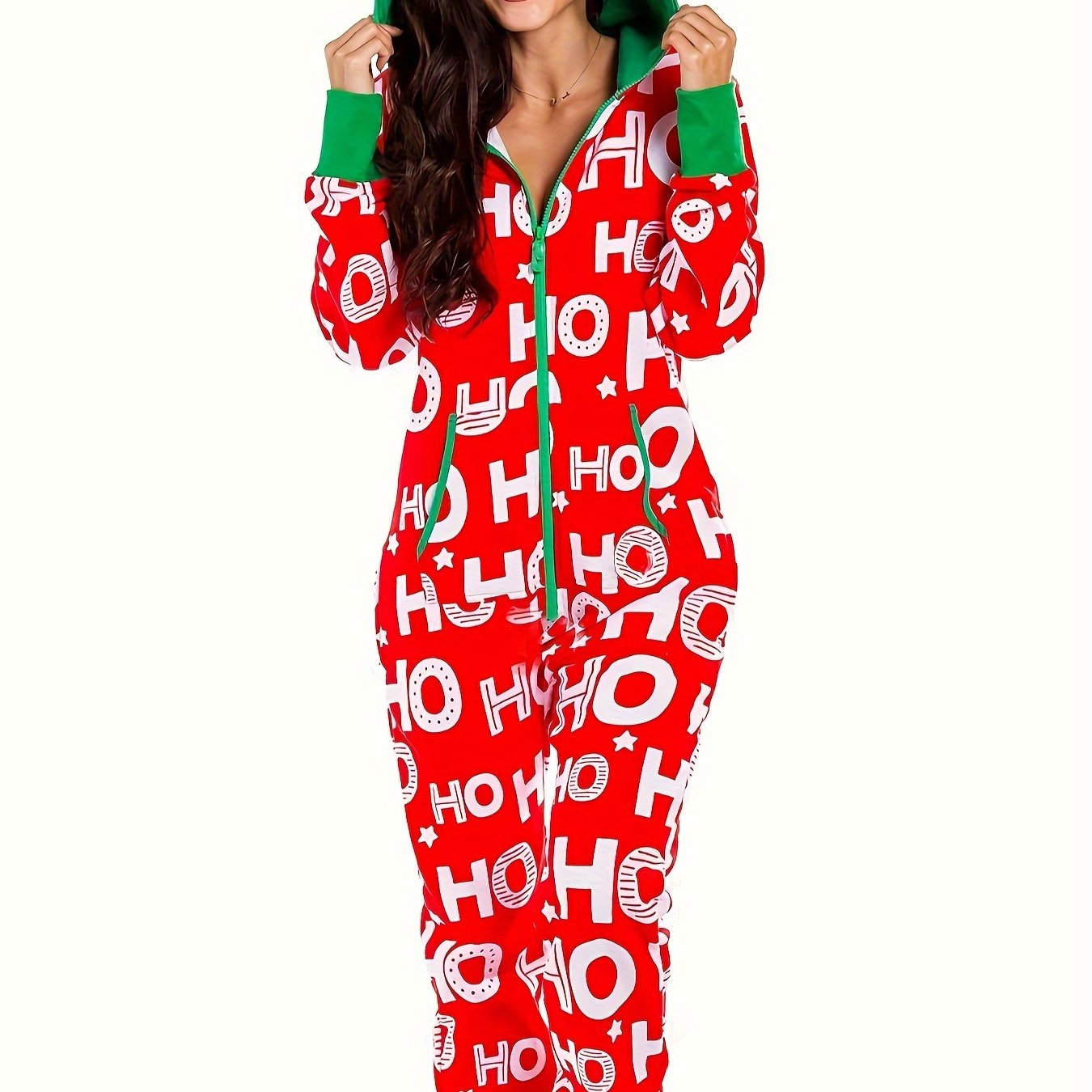 TEMU Christmas Long-sleeve Hooded Jumpsuit With 