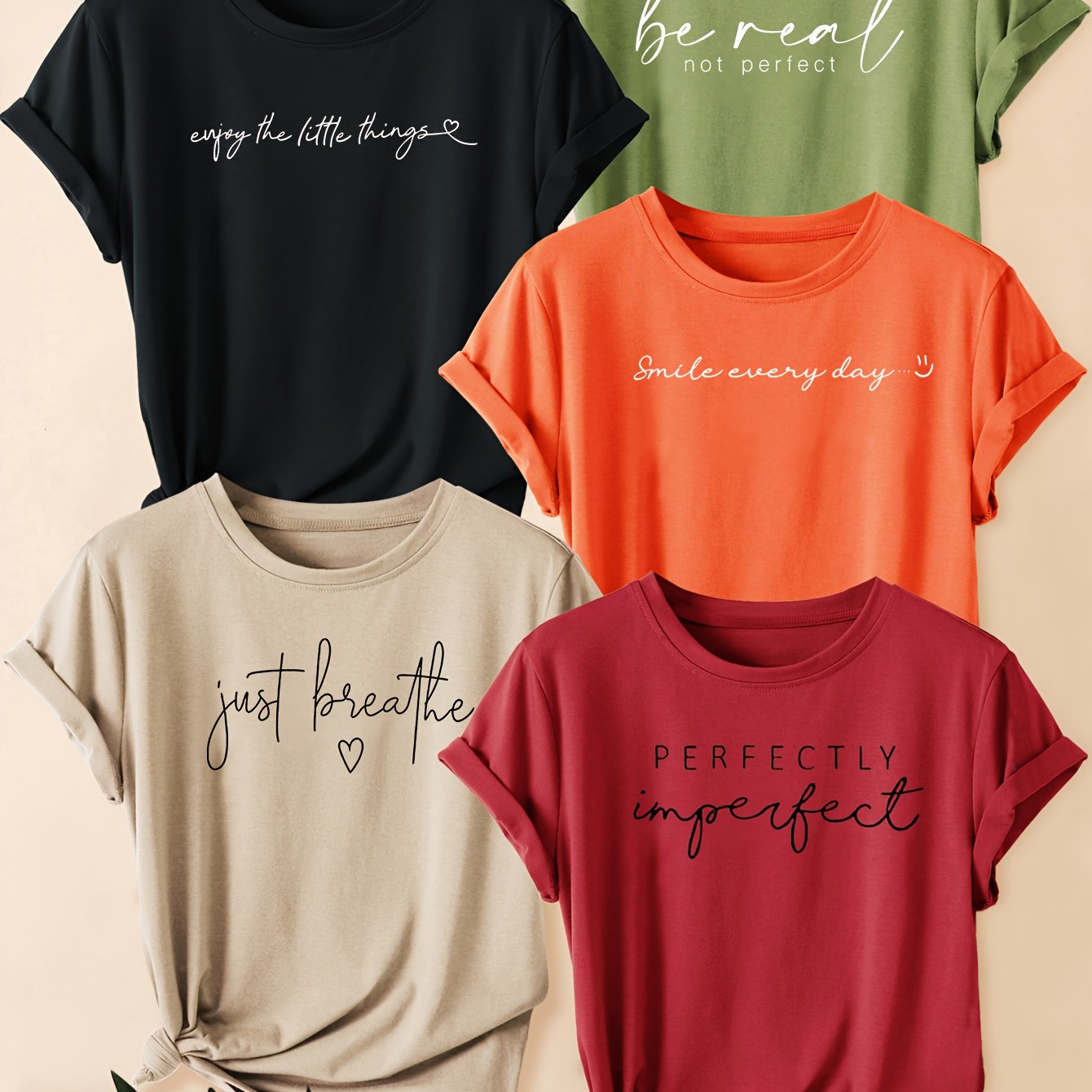 TEMU Five-pack Black And White Letter Print Fashion Vintage Style Women's Casual Sporty Round Neck Short Sleeve T-shirts