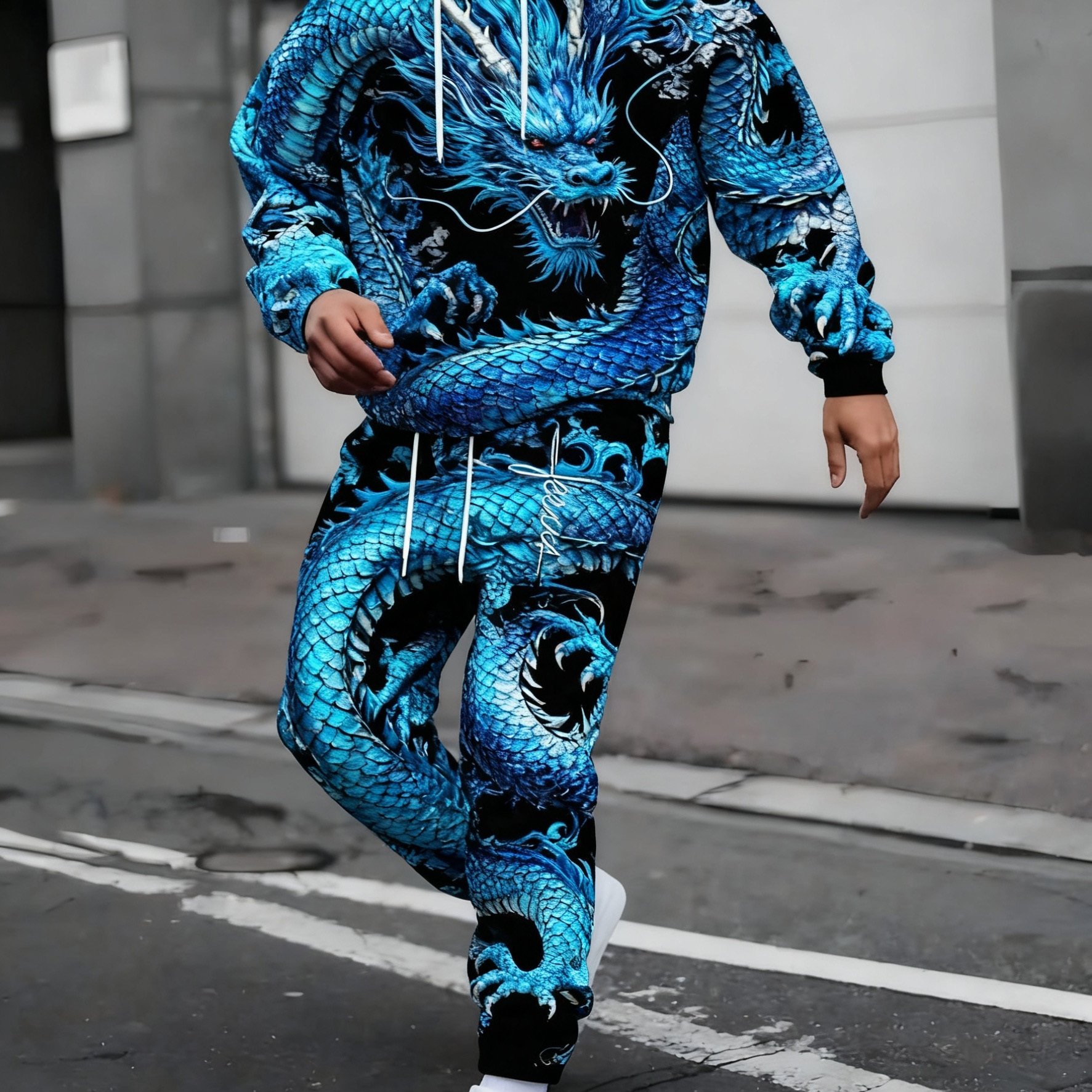 Image of Men's 2pcs Full-body 3d Print Hoodie & Sweatpants Matching Tracksuit - Blue/black Dragon Costume, Fabric, Elastic Waist & Drawstring Hood, Casual Athletic Wear For Gym, Outdoor, (2pcs)