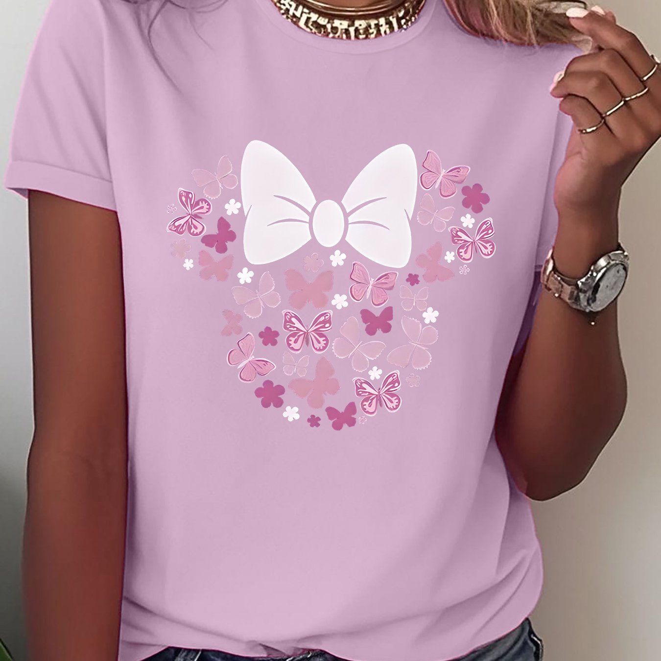 TEMU 1pc Fun Printed Short Sleeve, Sweet Floral And Bow Pattern, Women's Fashion Casual Short Sleeve T-shirt Blouse, Trendy Individual Fun Printed