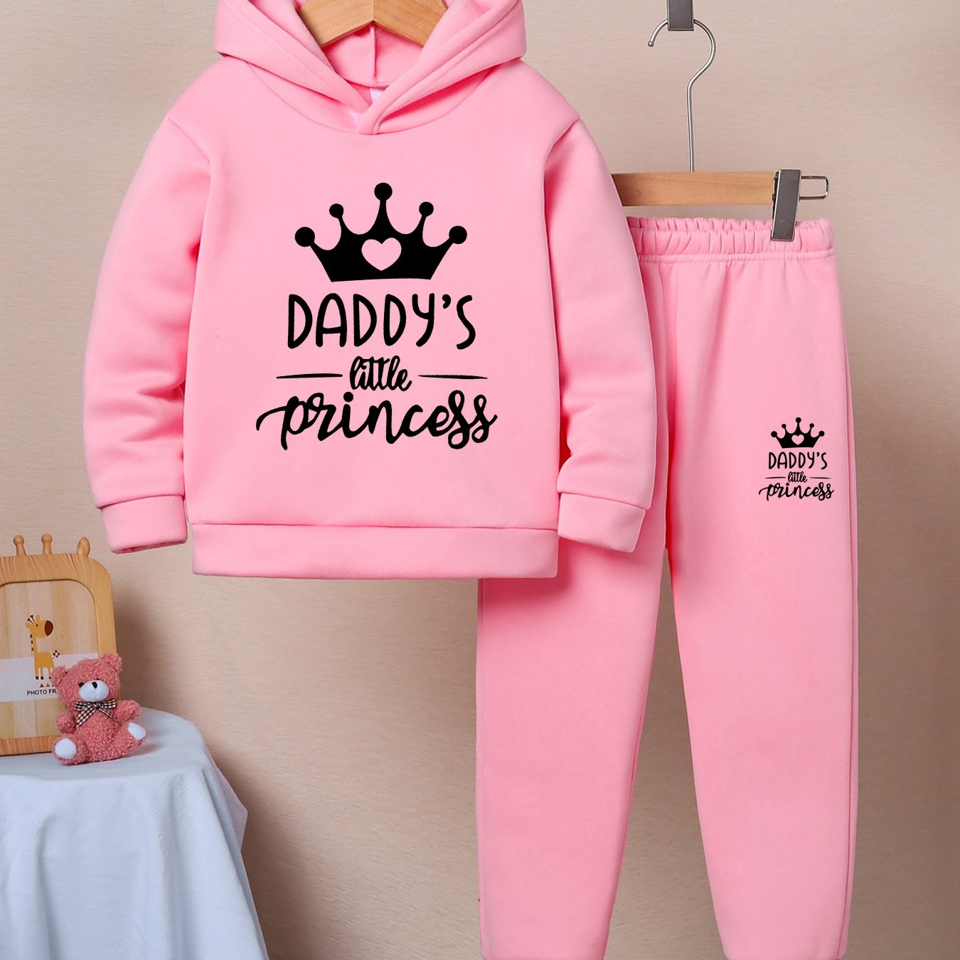 Image of Crown Pattern Two-piece New Thick Girls' Sweatshirt, Small And Medium-sized Long-sleeved Hoodie + Long Pants Two-piece Autumn And Winter Set, For Outdoor