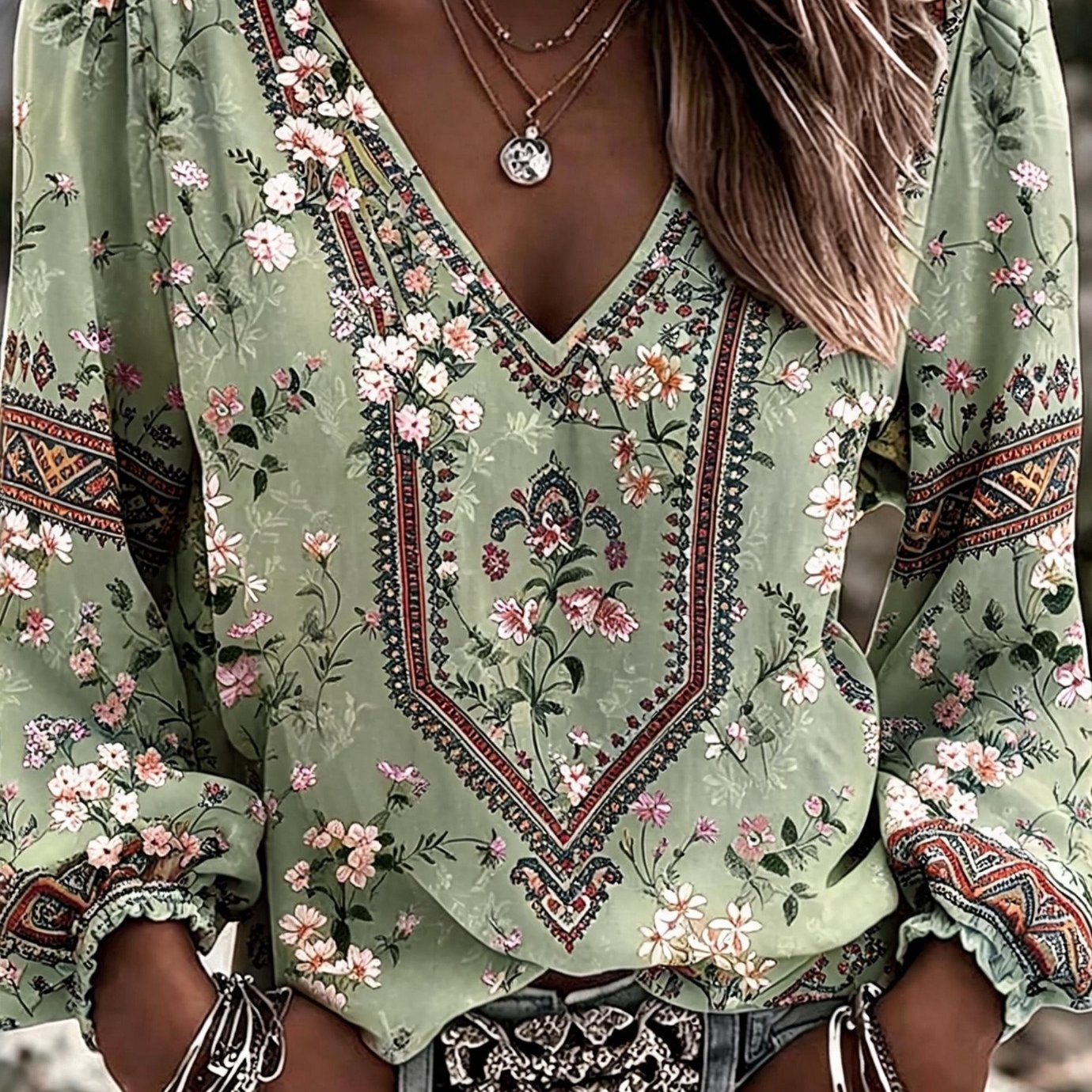 TEMU 3d Flat Print Women's Spring-summer Vintage Bohemian Casual Fashion Floral Print V-neck Long-sleeve Shirt With Lantern Sleeve Design And Long