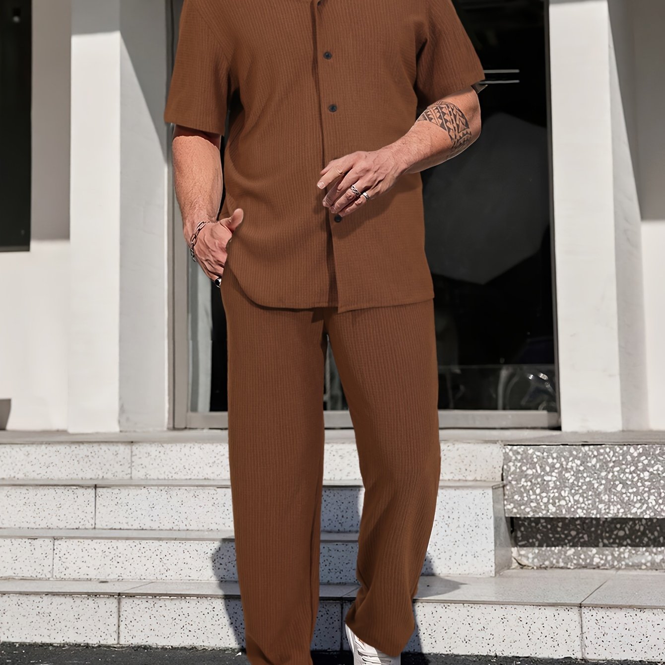 Men' Color Textured Short Sleeve Shirt + Pants Set - United Kingdom