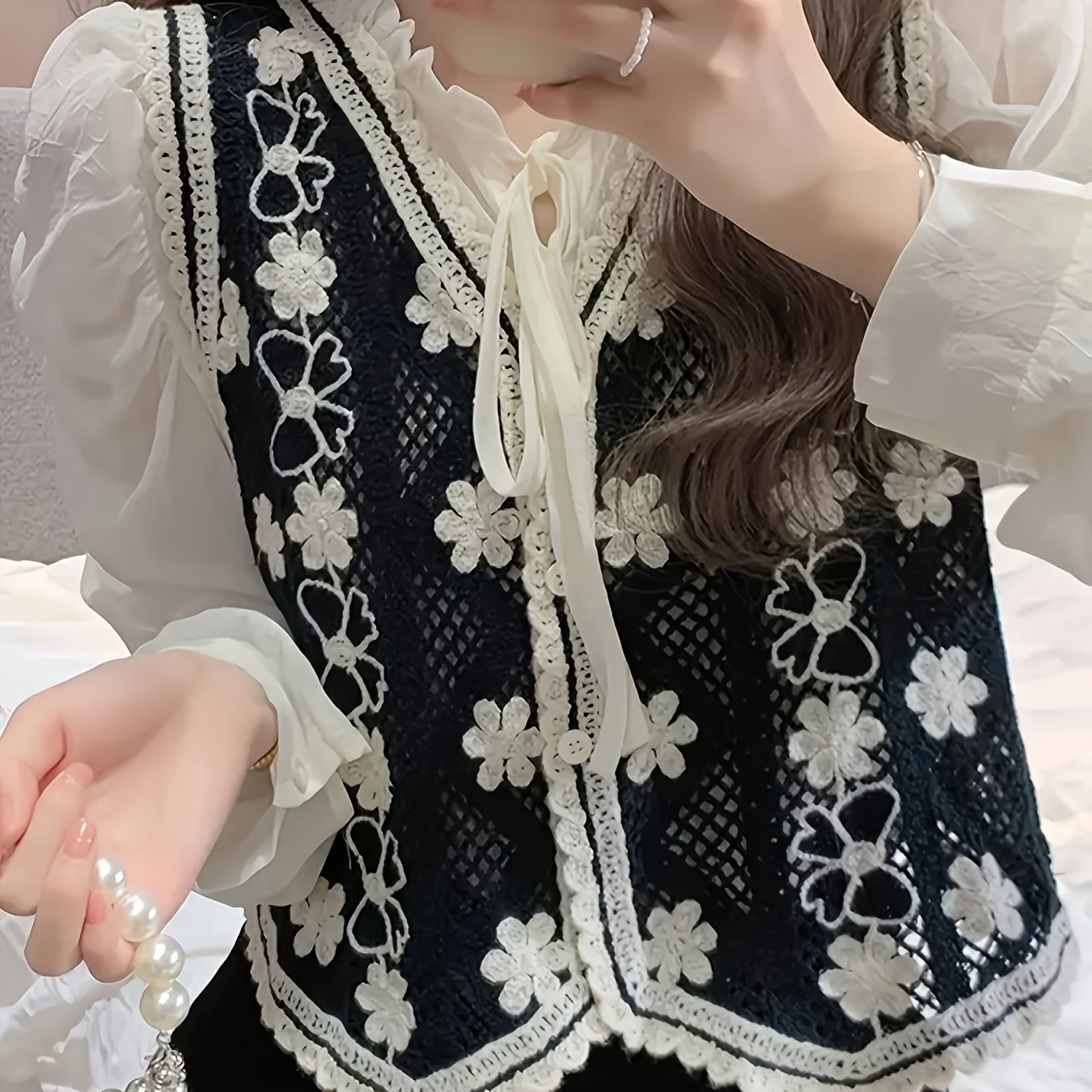 E-shop Preppy Style Haken Spitze Hohle Weste Damen Frühling Japanischer Lazy Style Oberbekleidung