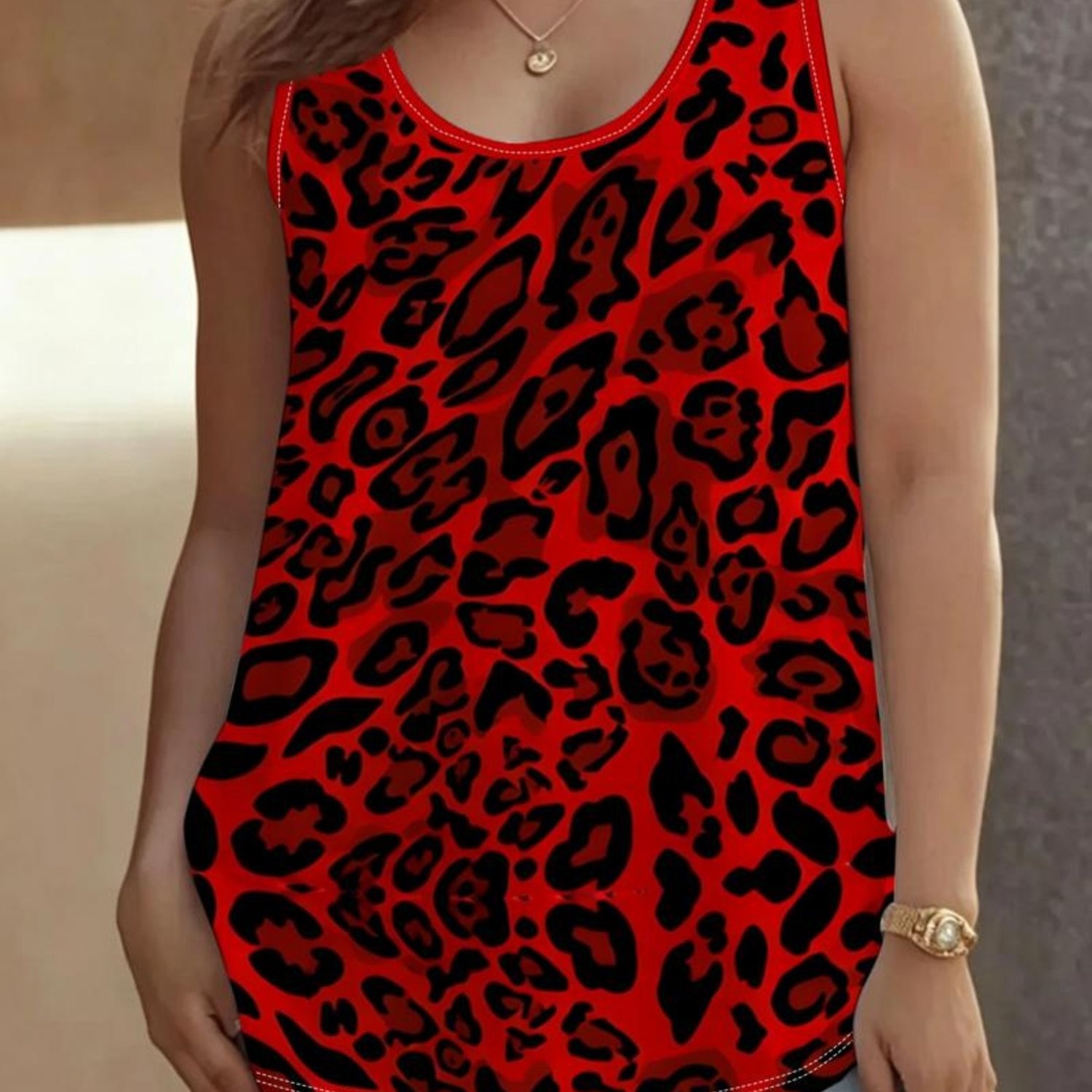 TEMU Plus Size - [printed Design - Not Textured] Plus Size Leopard Print Tank Top, Women's Fashion Sleeveless Vest, Red And , Style, Suitable For