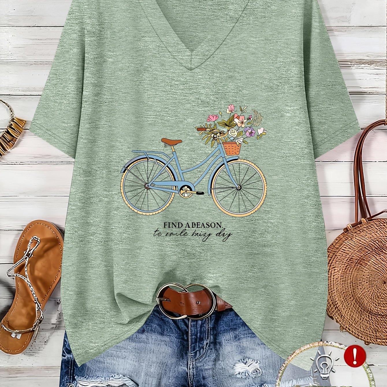 TEMU Damen-Mode in Übergröße für Frühling/Sommer, T-Shirt mit lockerer Passform, überschnittenen Schultern, halblangen Ärmeln, Fahrrad- Blumendruck,