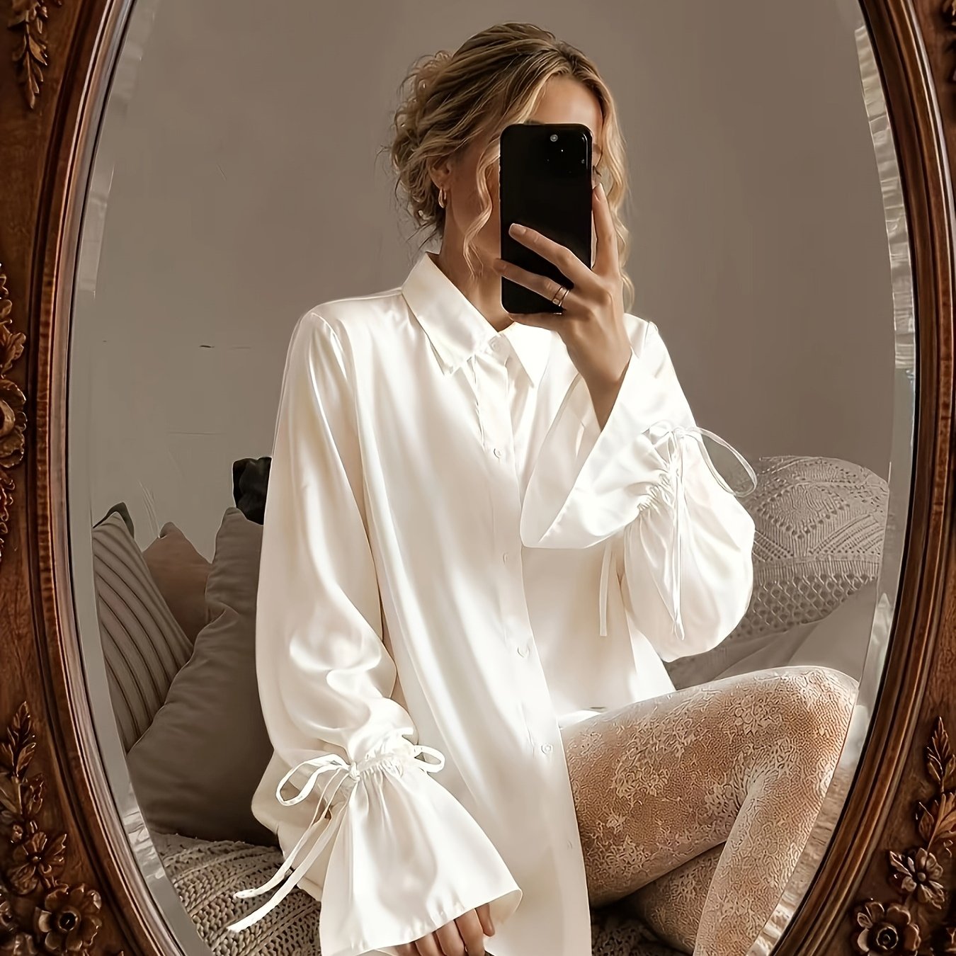 TEMU 1pc Chemise de style Ins polyvalente et confortable, manches cloche et décontractées, couleur unie, pour un look décontracté et tendance