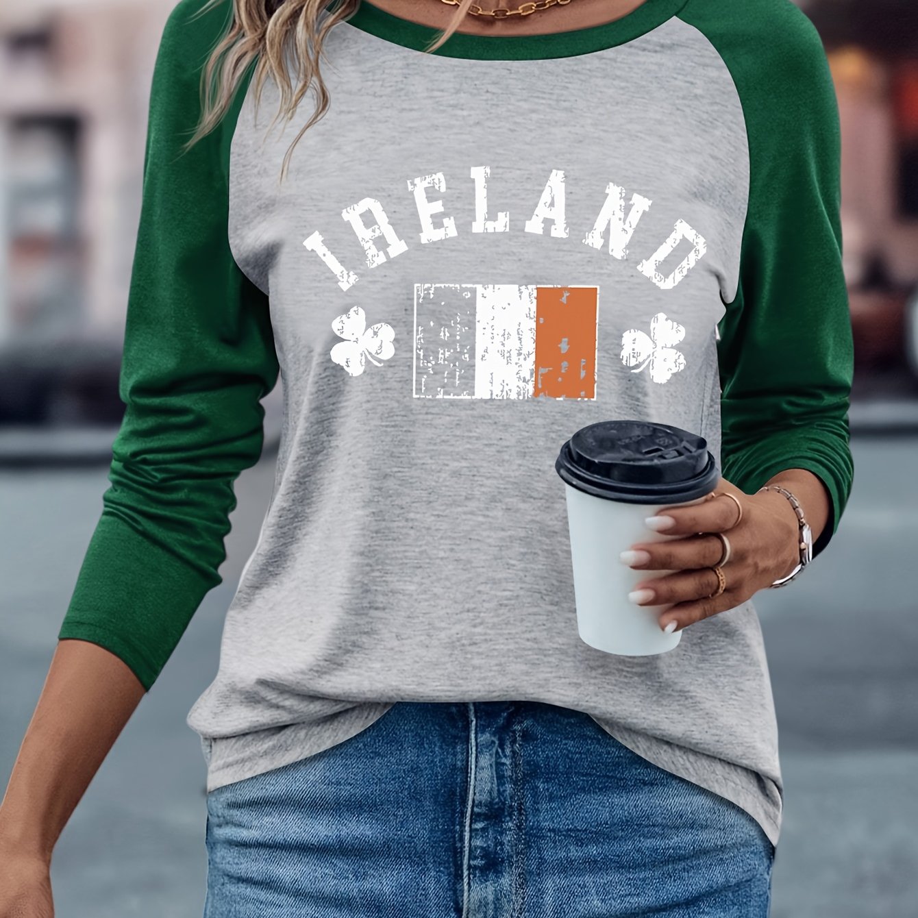 TEMU City Name Irish Clover Pattern Print European And American Women's Fashion Casual Comfortable Neck Raglan Long-sleeved T-shirt