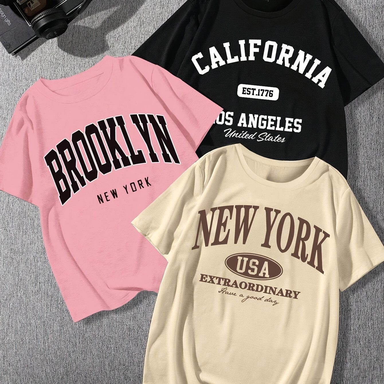 TEMU Conjunto de 3 piezas Casual Fácil Holgado Cuello Manga Corta Camiseta para Mujer, Verano