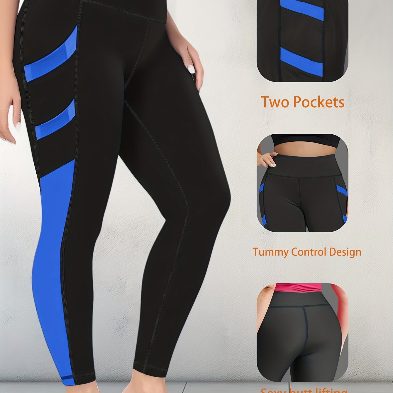 TEMU Plus Size Women's High-waisted Yoga Pants Tummy Control Workout Leggings With 4 Side Pockets Color-blocking Design,for Running, Fitness Casual &