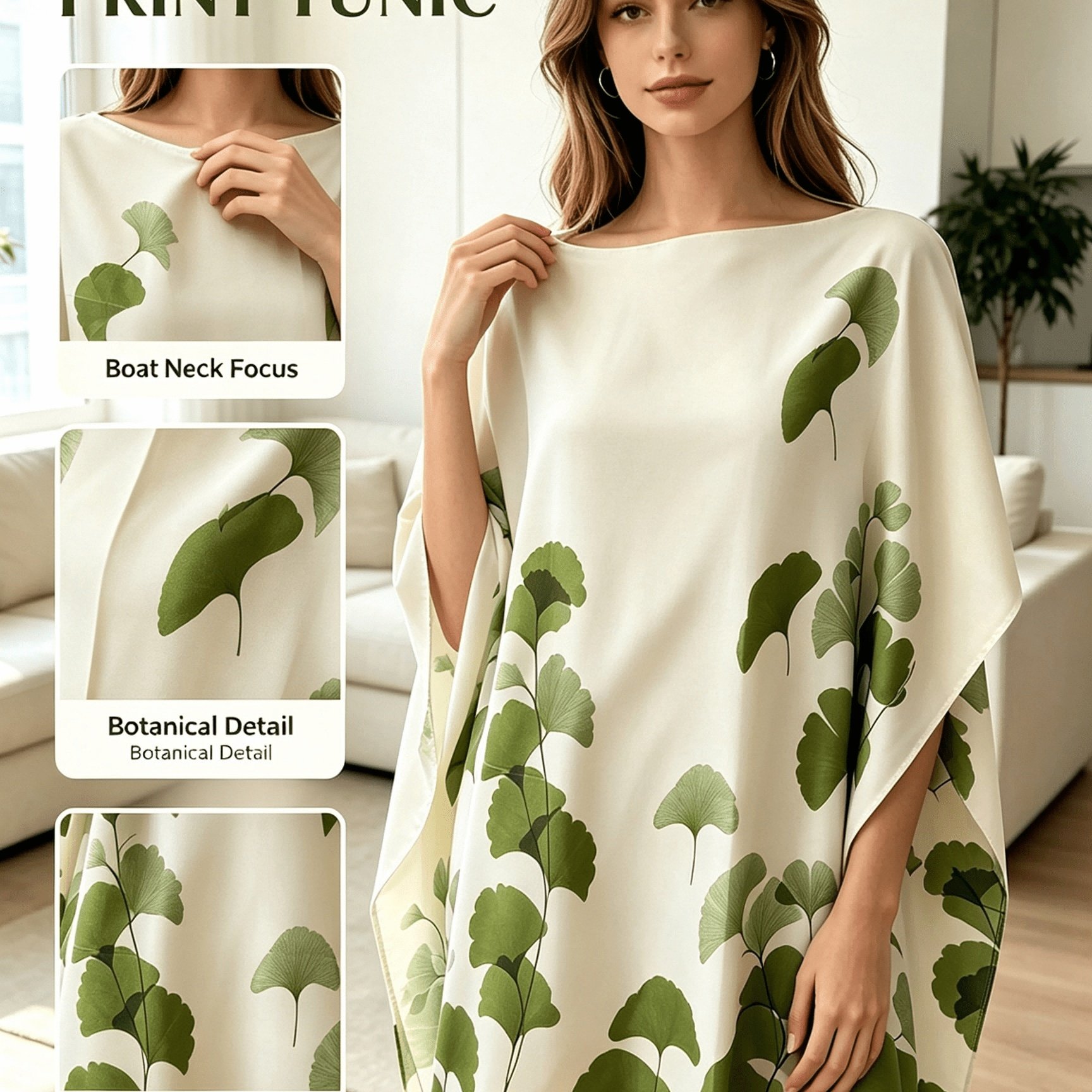 TEMU Chemise de nuit ample pour femme à col bateau et manches chauve-souris, satin court, avec imprimé d'encre de feuille de ginkgo verte sur fond