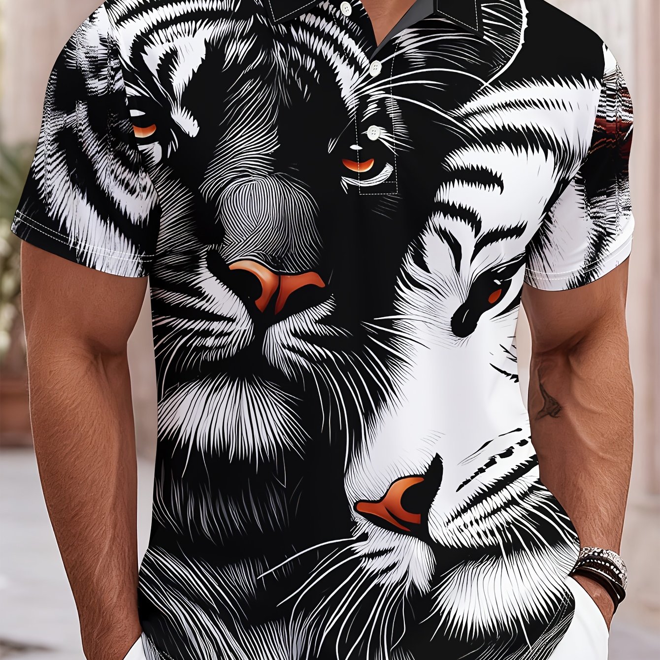 TEMU Men's Novelty Shirt Black And Snuggling Printed Fashionable Short-sleeved Shirt For Men - Gift