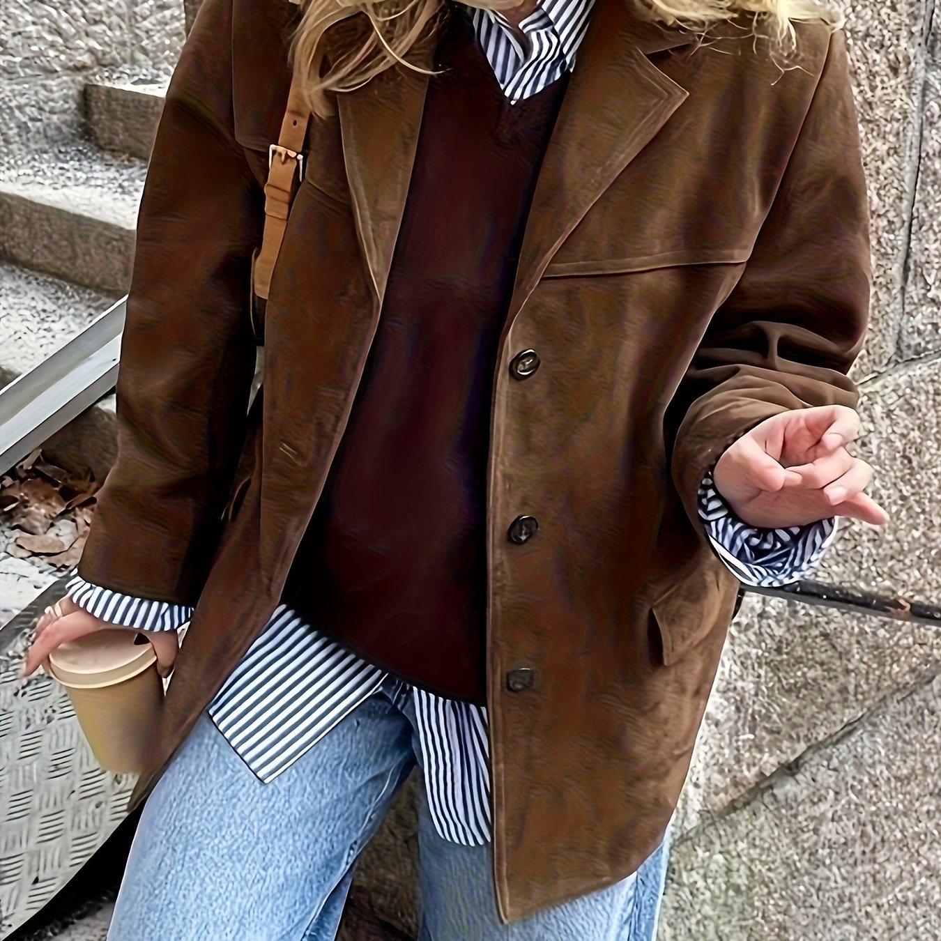 TEMU Plus Size, Women's Casual Loose-fit Long Sleeve Jacket With Pockets - Solid Color, Single-breasted, Button-up Front, Lightweight Polyester,