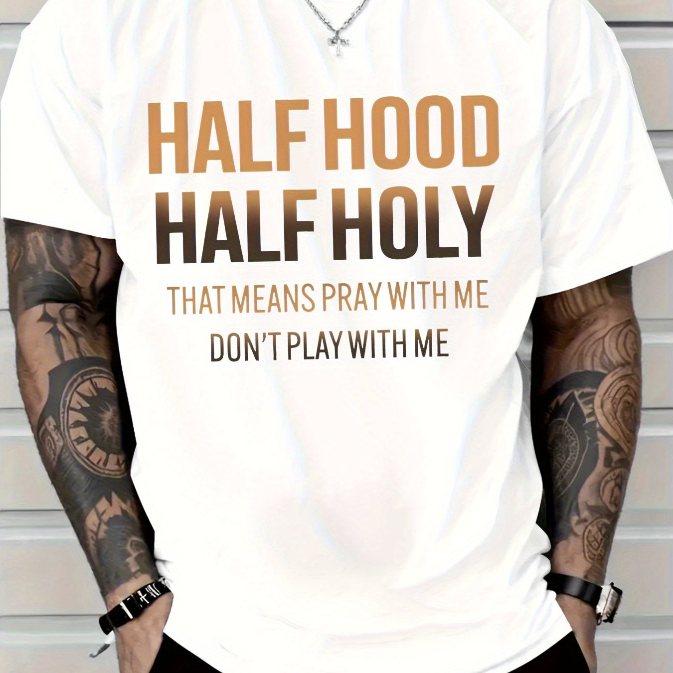 TEMU Men's Casual T-shirt | "half Hat Play " Print Short Sleeve Round Neck Top, White With Brown Letters, Comfortable, Machine Washable, Urban Style, Durable Material,