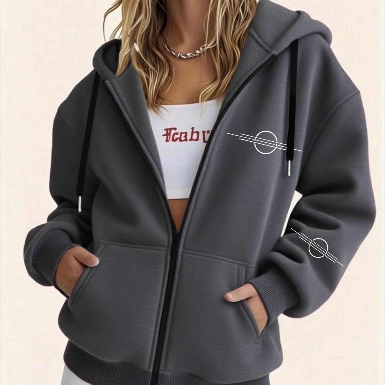 TEMU Women's Comfortable Lined Hooded Sweatshirt With Elegant Geometric Pattern Print, Long Sleeved Pocket Hooded Zipper Sweatshirt, Women's