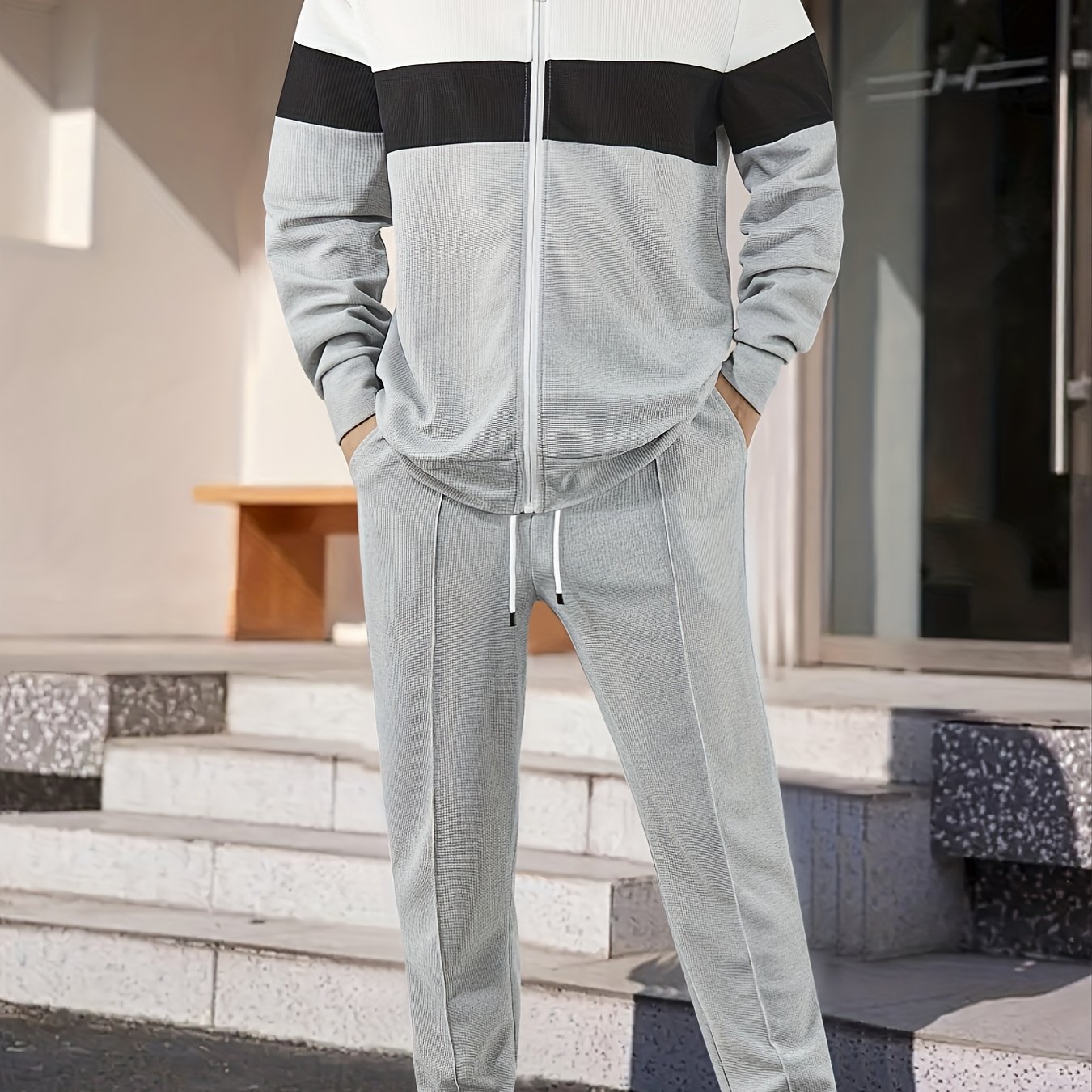 E-shop Herren 2-teiliges Set: Color-Block-Reißverschluss-Cardigan Hose mit geradem Bein Kordelzug, neue Frühjahr/Herbst-Kollektion, schlicht bequem