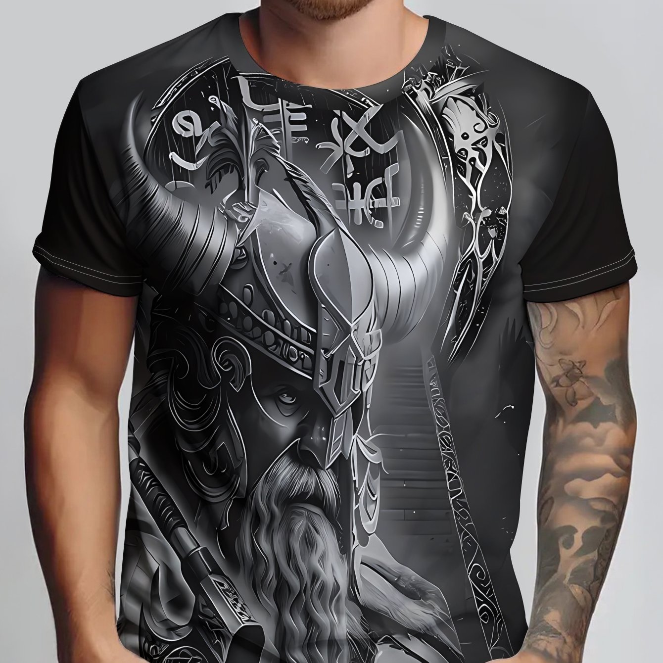 TEMU A For Man Wearing A Black Print T-shirt With Tattoos On His