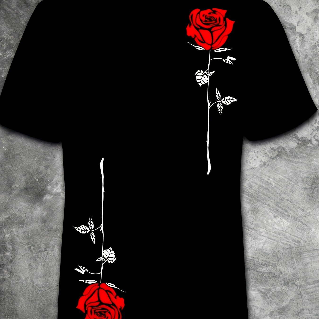 TEMU Men's Retro 3d Rose Print T-shirt - Lightweight Crew Neck Short Sleeve, Black With Red , Casual & Outdoor Wear, Visual Tee For Everyday, Machine
