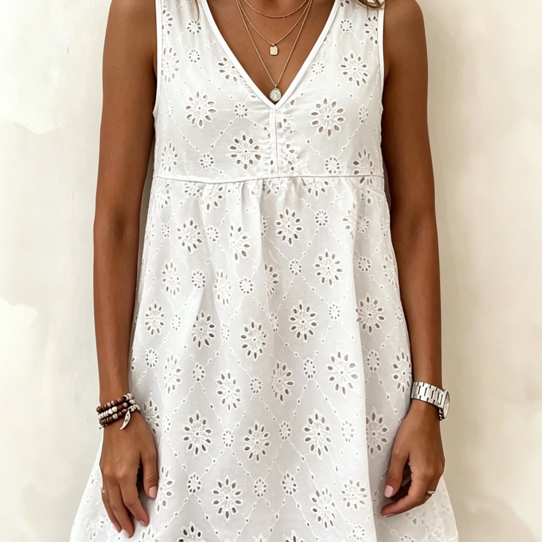 TEMU French Exquisite Water Soluble Embroidery Sleeveless T-shirt, V-neck Hem Loose A-line Breathable Casual Commuter Versatile Top