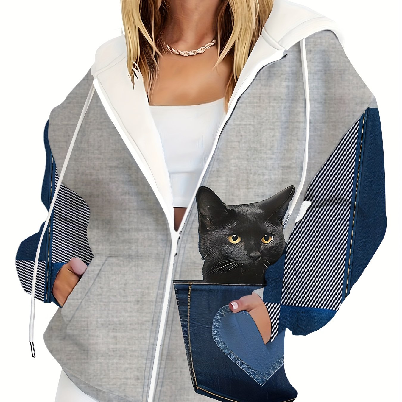 TEMU Plus Size - Plus Size - Plus Size Women's Hooded Zip-up Sweatshirt, Gray Denim Style Clothing, Cute Black Cat Pattern Print, And Adorable Style.