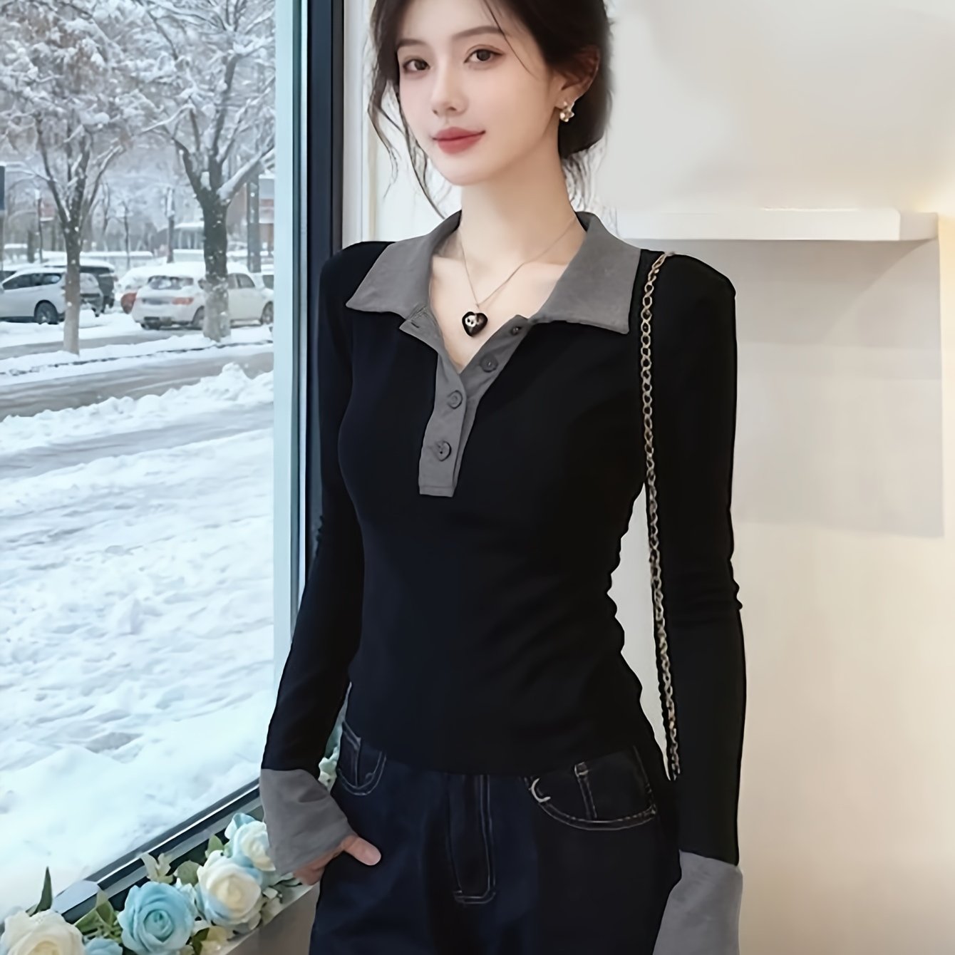TEMU Preppy Style 2026 Spring New Layering Color-block Collar Long Sleeve T-shirt Women's Top
