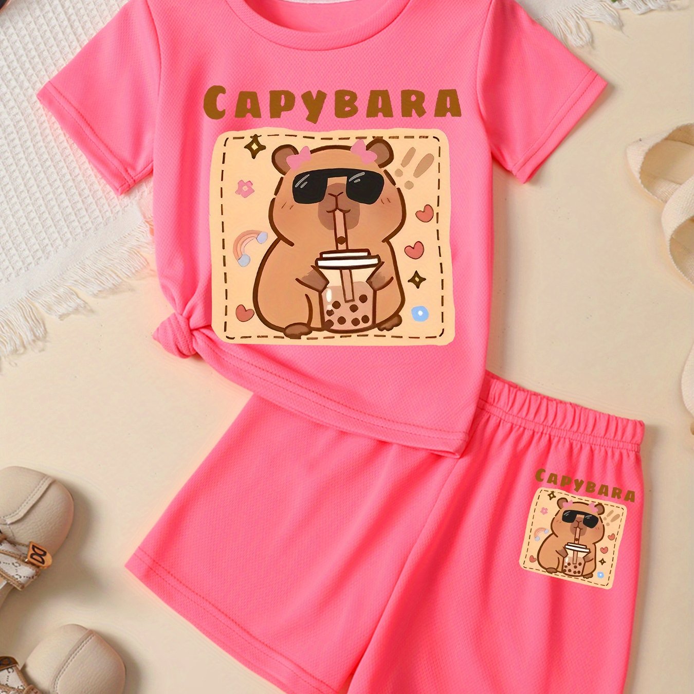 TEMU 2025 Spring/summer Children's Kawaii Capybara T-shirt And Shorts 2pcs Set, Kids' Daily And Holiday Casual T-shirt   Shorts 2pcs Apparel, Perfect