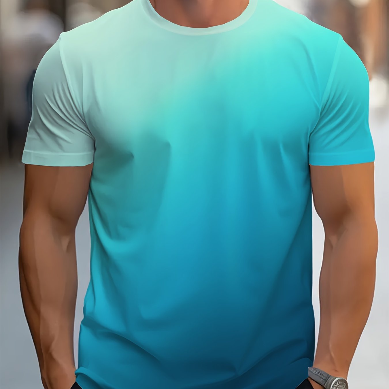 TEMU Men's Gradient Shirt - Light Blue To White Gradient Design, Breathable Short-sleeve Round Neck Summer Top, Machine Washable Regular Fit For