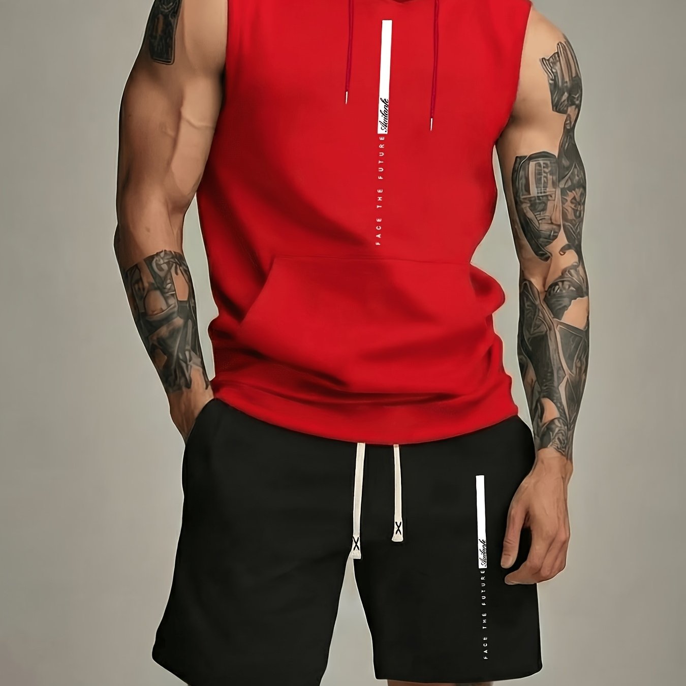 TEMU Summer 's Casual Sports Two-piece Set, Hooded Sleeveless Vest Top And Elastic Waist Shorts, Top With Kangaroo , Knit Fabric, Cool And