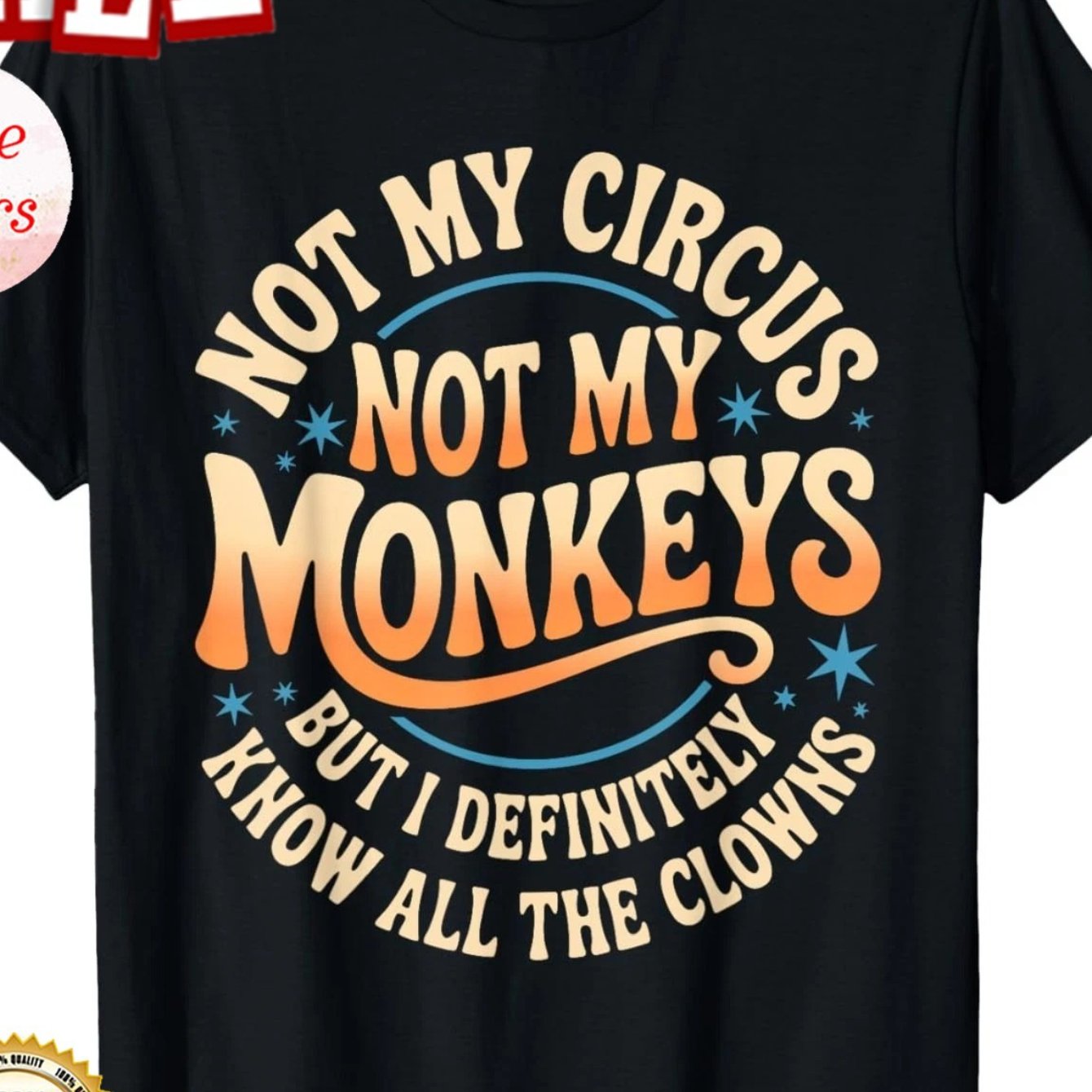 TEMU T-shirt unisexe grande taille « Pas mon cirque, pas mon singe » blague de clown - Noir, lettres oranges et motif de visage de clown, T-shirt