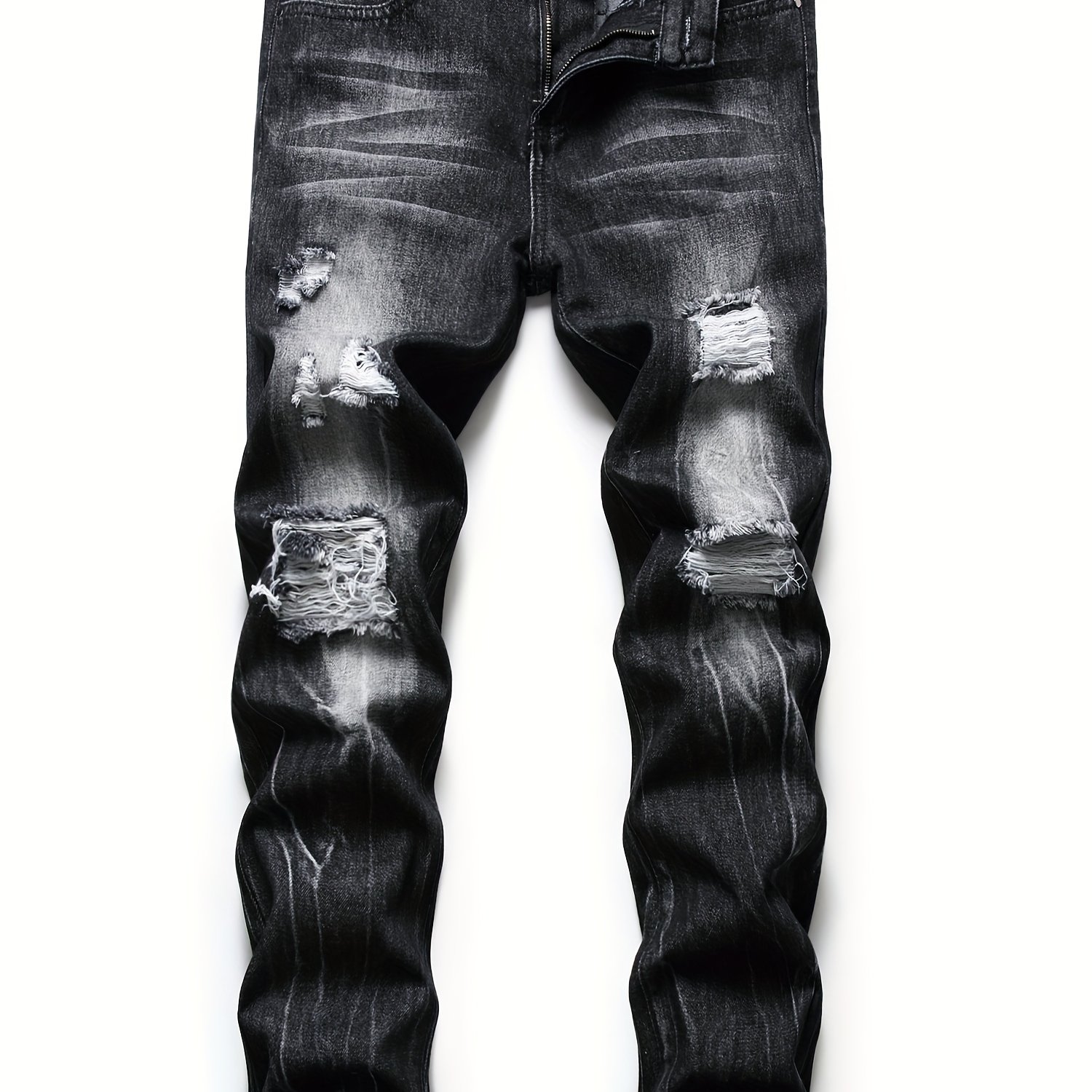 TEMU Black Ripped Jeans For Men Regular Fit Tapered Leg Distressed Denim Rip Jean