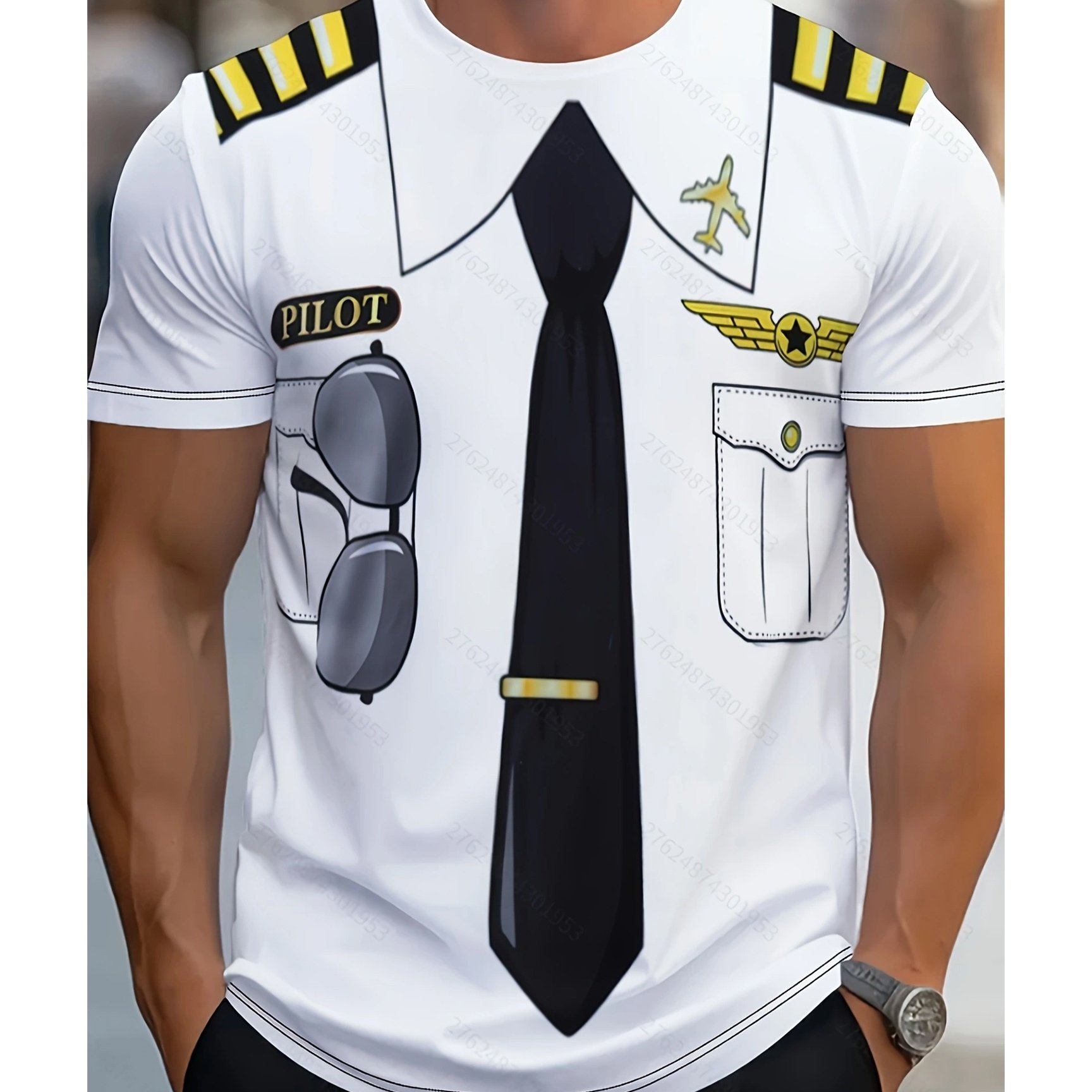 TEMU Print Design Not Textured Men's Plus Size Round Neck Short Sleeve T-shirt, Aviation Theme Uniform Design, Casual Comfortable Regular Fit, Summer