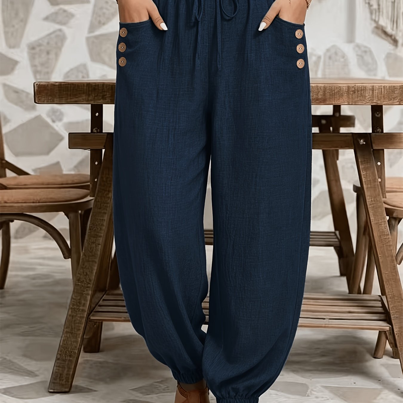 TEMU Plus Size - Plus Women's Casual -like Rubber High-waist Scalloped Trim Tie-pocket Women's Long Pants, Casual Daily Versatile Vacation