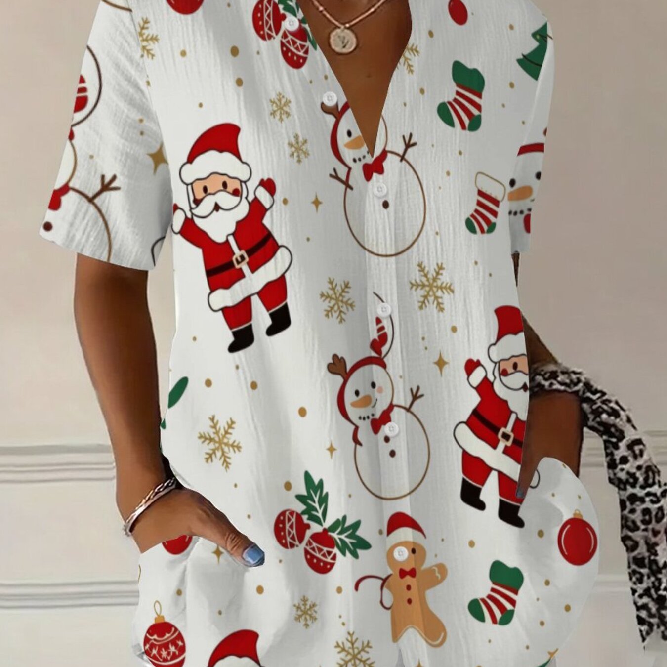 TEMU Santa Claus Snowman Christmas Element Printed Short Sleeve Shirt, Loose Fit With Dual Sides Of Beauty, Comfortable Fabric. Strong Festive