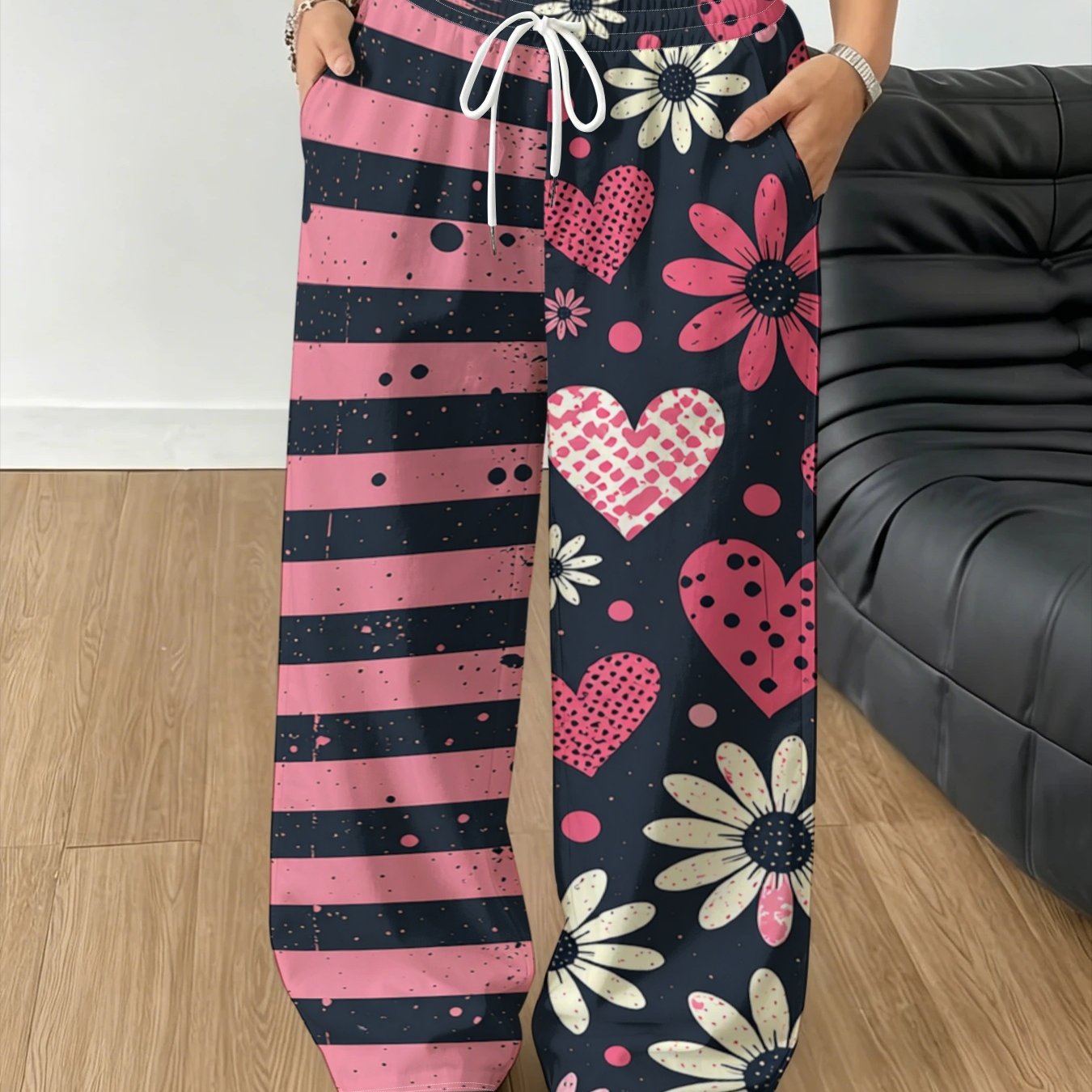 TEMU Women's New Irregular Striped Heart And Daisy Print Wide-leg Pants, Featuring Contrasting Color Splicing On Legs To Break The Of Wide-leg Pants.