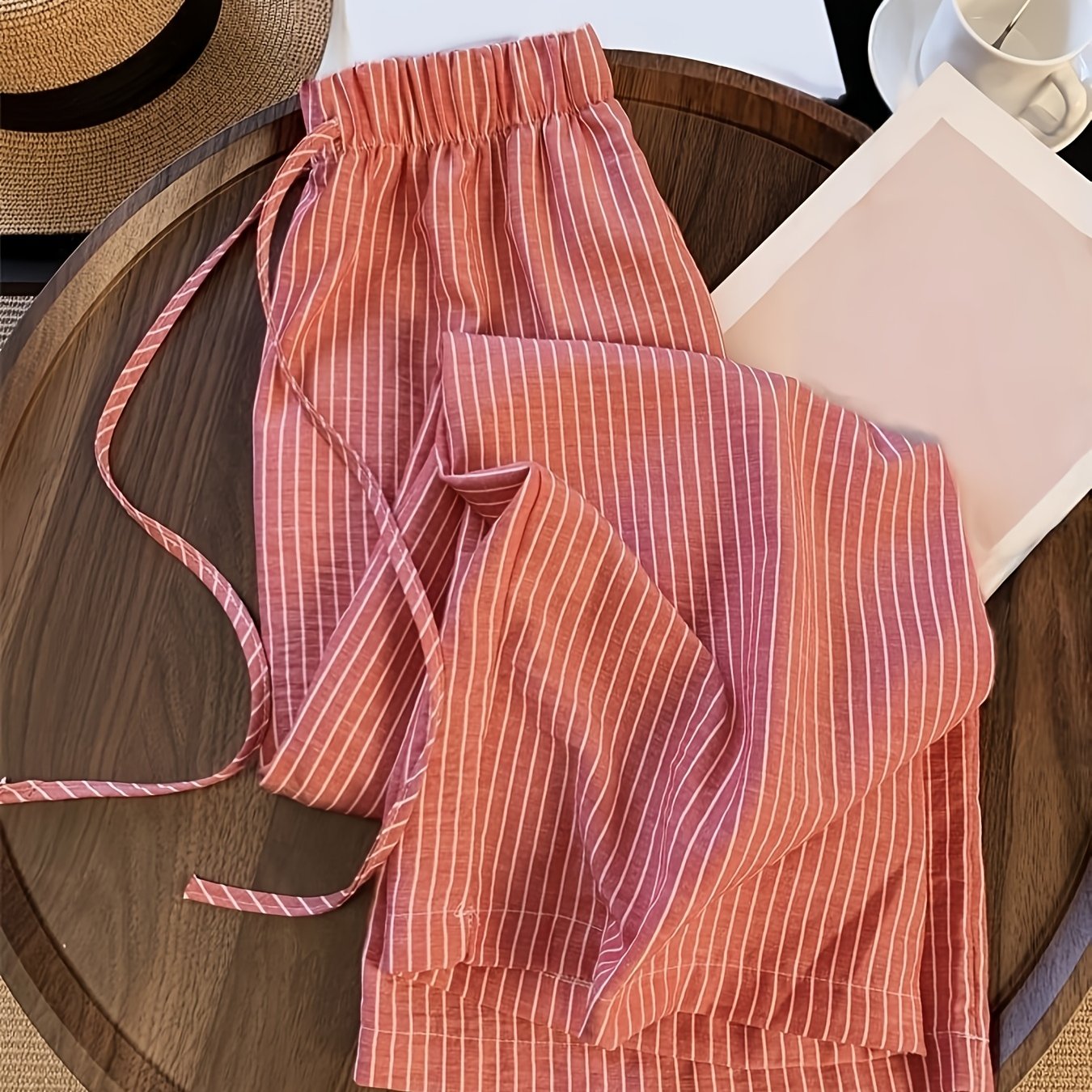 E-shop Rote gestreifte Freizeithose Damen 2026 Frühling/Sommer Neue High-Waist Wide-Leg Hose Petite Lässige Locker Gerade Hose Locker Birnenförmige