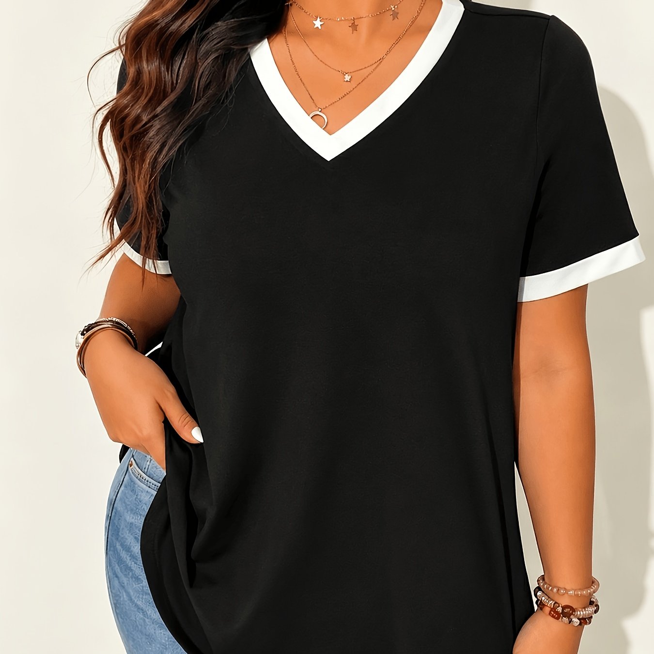 TEMU Plus Size Women's Clothing, Color-block V-neck T-shirt, Casual Top
