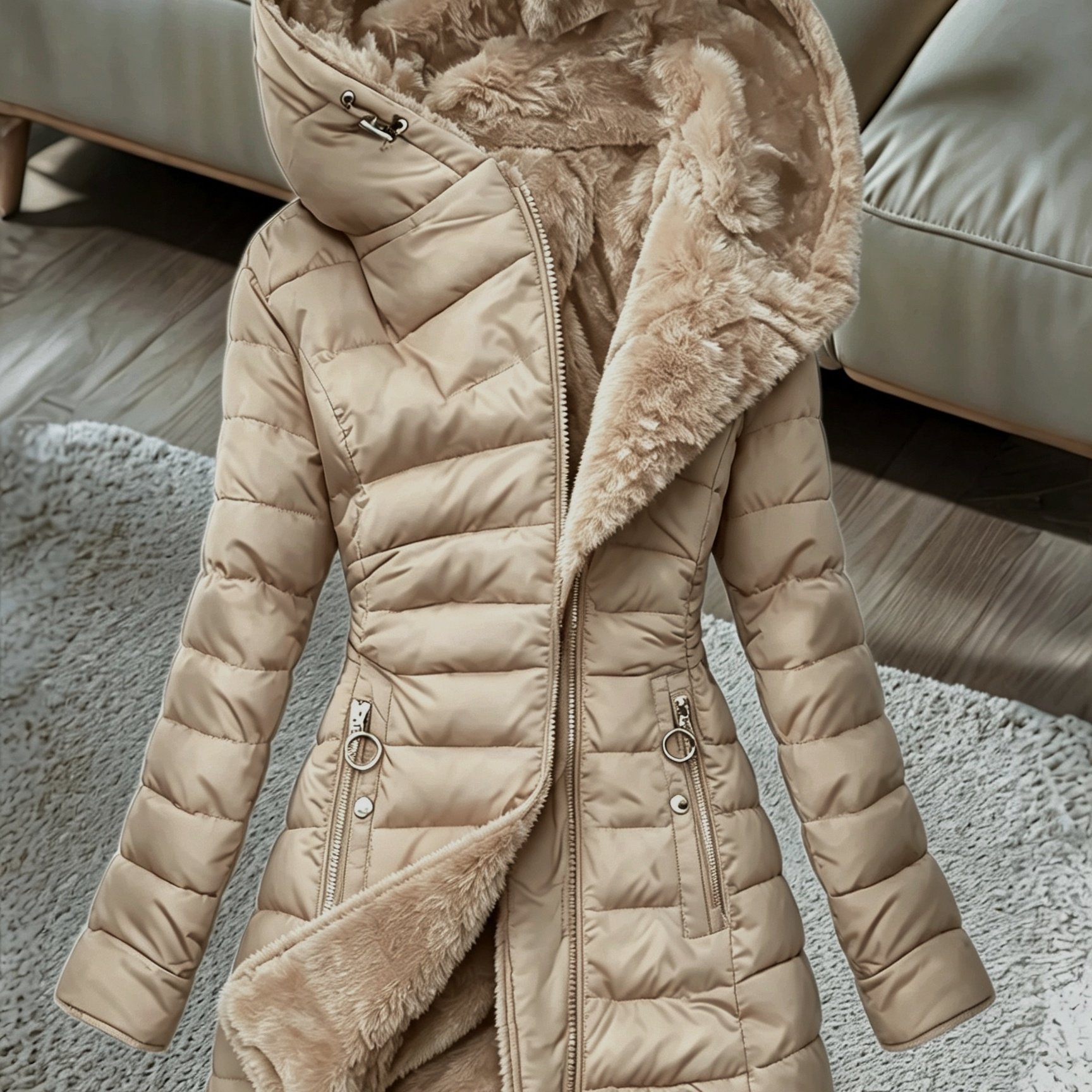 TEMU Winter New Mid-length Fleece-lined Warm 's Hooded Coat, Premium Fabric, Lightweight Design, Contouring Fit, Suitable For Occasions, Urban Or