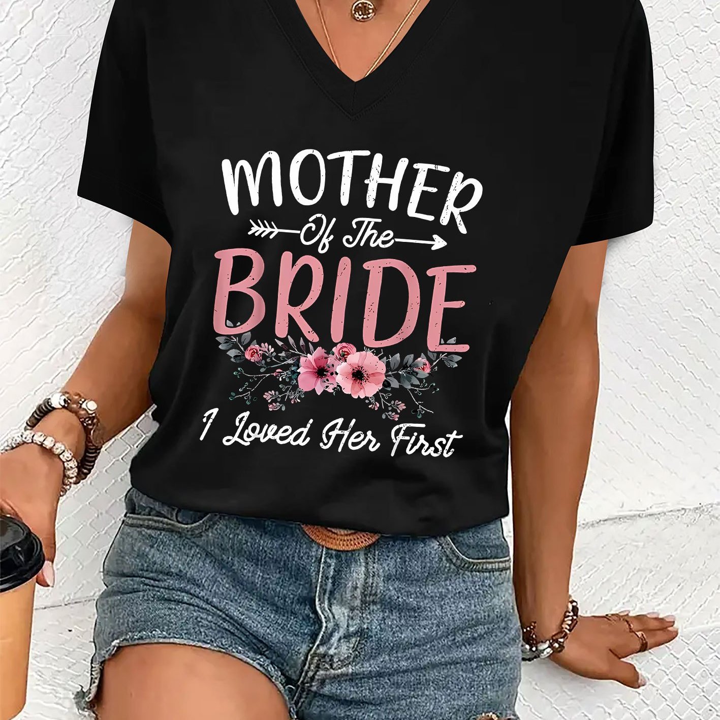 TEMU Women's Casual V-neck Short Sleeve T-shirt - "mother Of The Bride" Letter Print With Floral Accents, Soft Breathable Fabric, Machine Washable,