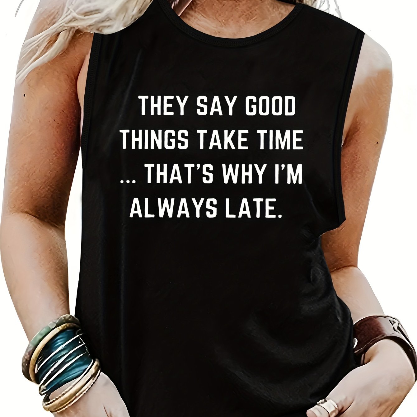 TEMU Letter Print Crew Neck Tank Top, Casual Sleeveless Tank Top For Summer, Women's Clothing