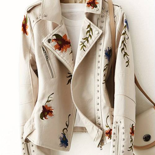 women floral embroidered moto pu jacket coat