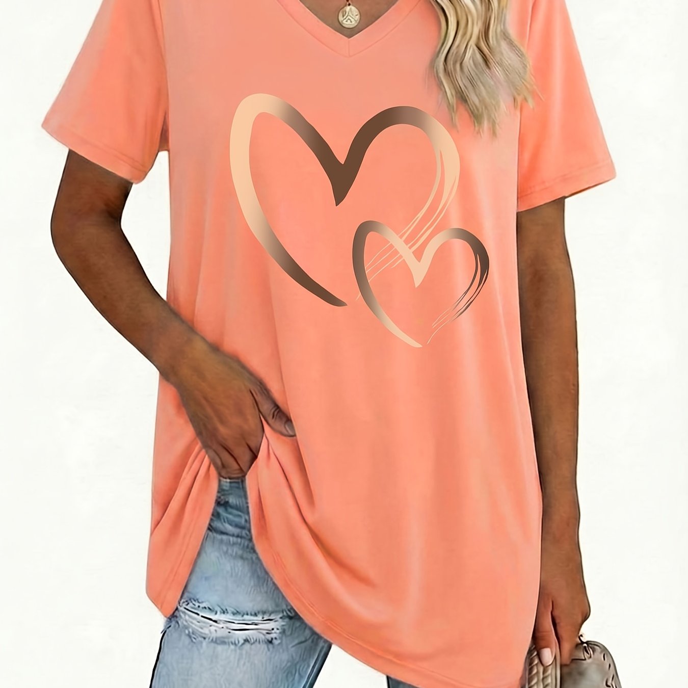 TEMU Plus Size Women's V-neck Short-sleeved T-shirt, Casual Daily , Versatile, Covers And Looks Thin, Heart Print, Age Reduction