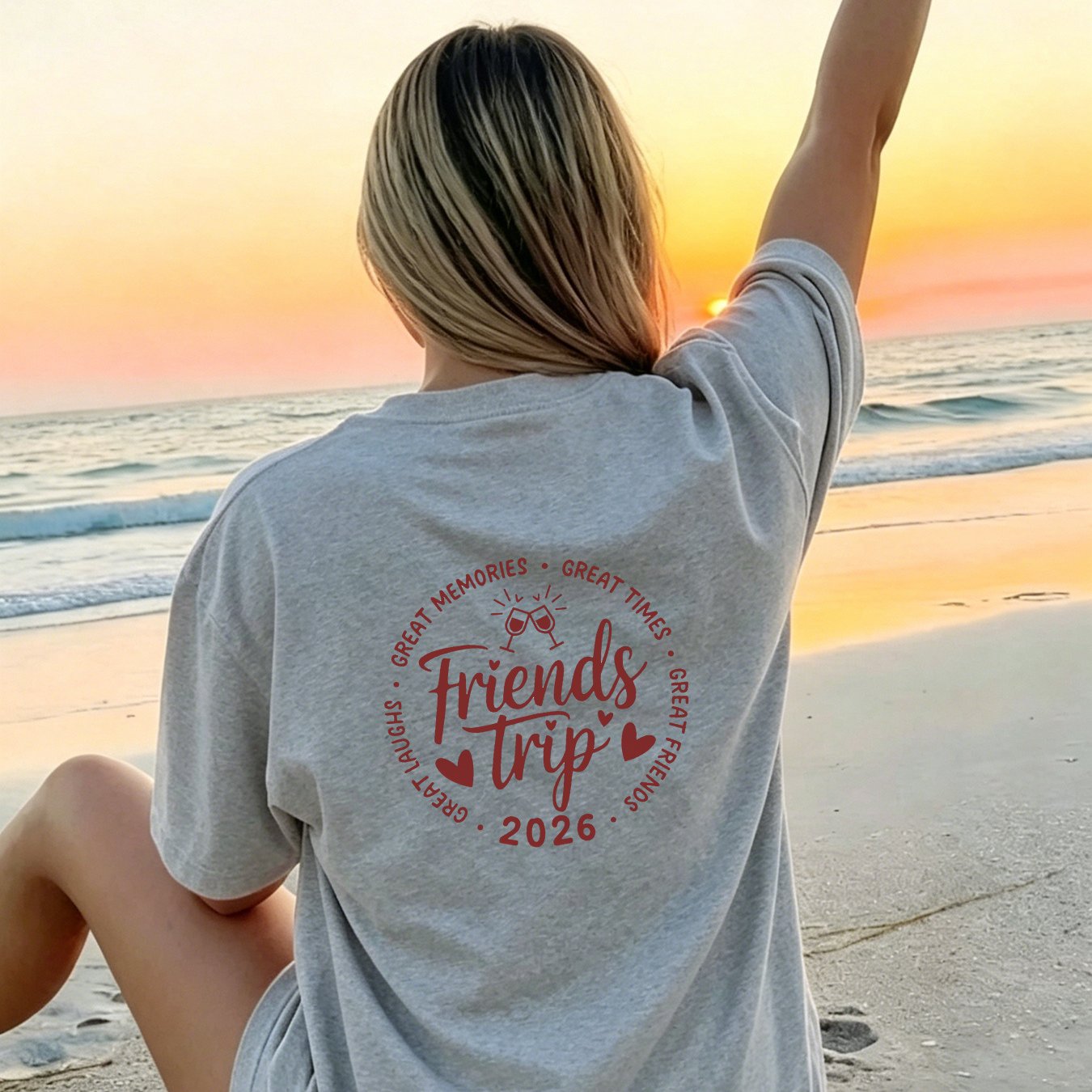 Ladies' Pink Oversized Short-sleeve T-shirt - Casual Beach Style Trip Graphic, Soft Summer-friendly Fabric, Ideal For Group Getaways And Relaxation