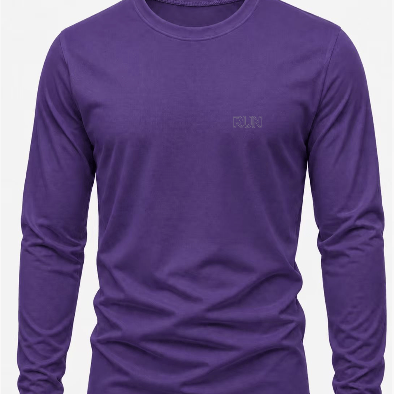 TEMU White Solid Long Sleeve Top, Low- English Print Men's Casual Training Round Neck T-shirt, Neat Fit, Holiday Outing Gear