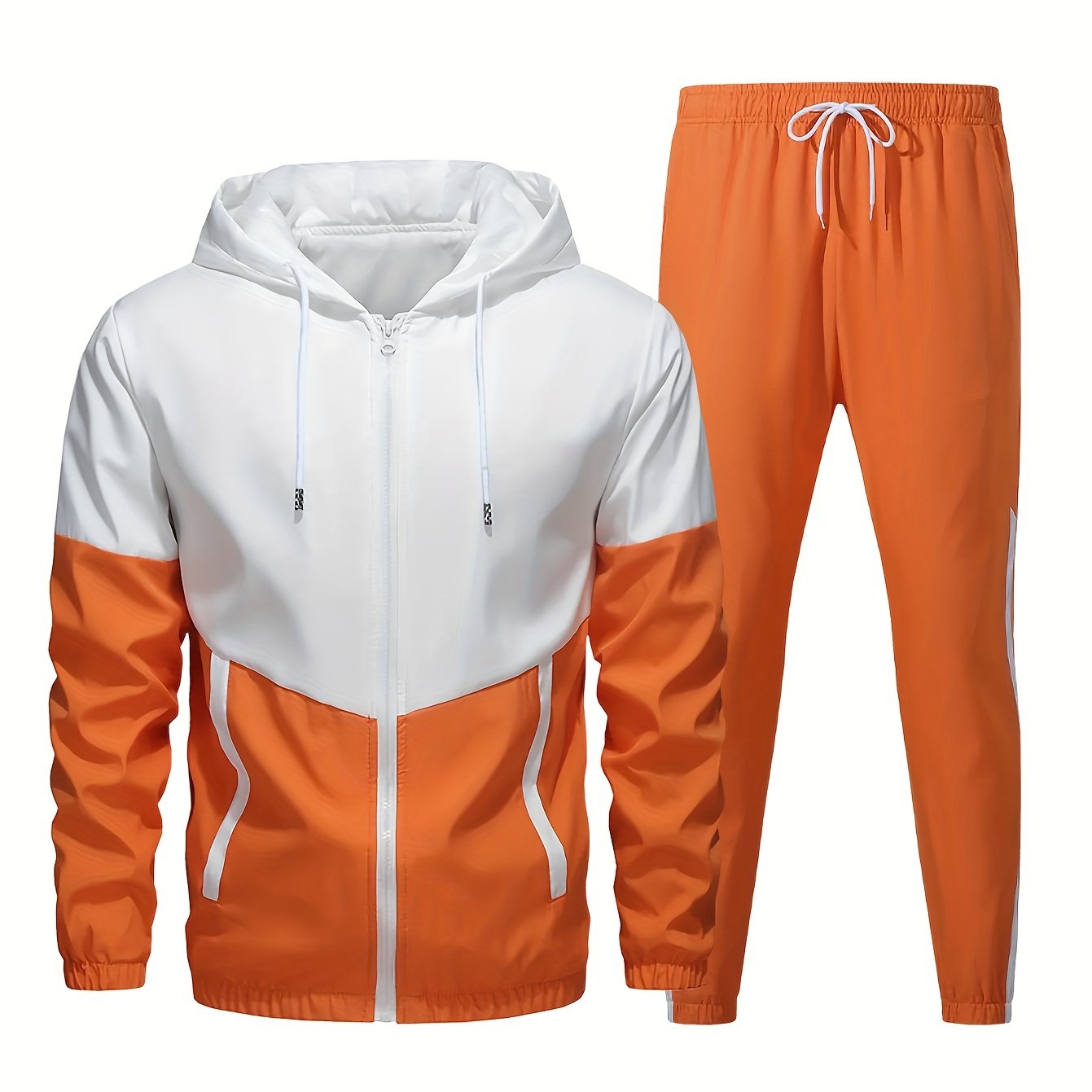 Image of New Arrival Men Standard Size Zipper Tracksuit Spring Autumn Comfortable Versatile Design Outdoor Street Outfit Color Block Splicing Casual Hooded 2pcs Outfit