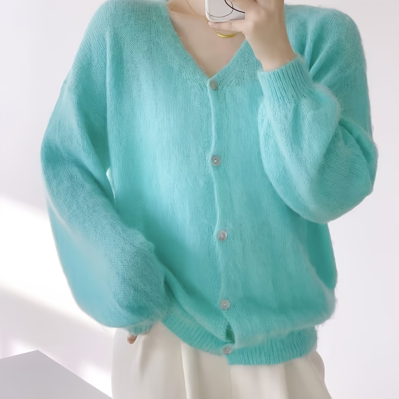 Plus Size, Soft And -white Solid Color High-end V-neck Fashionable Classic Versatile Lantern Sleeve Plus-size Cardigan Sweater Coat