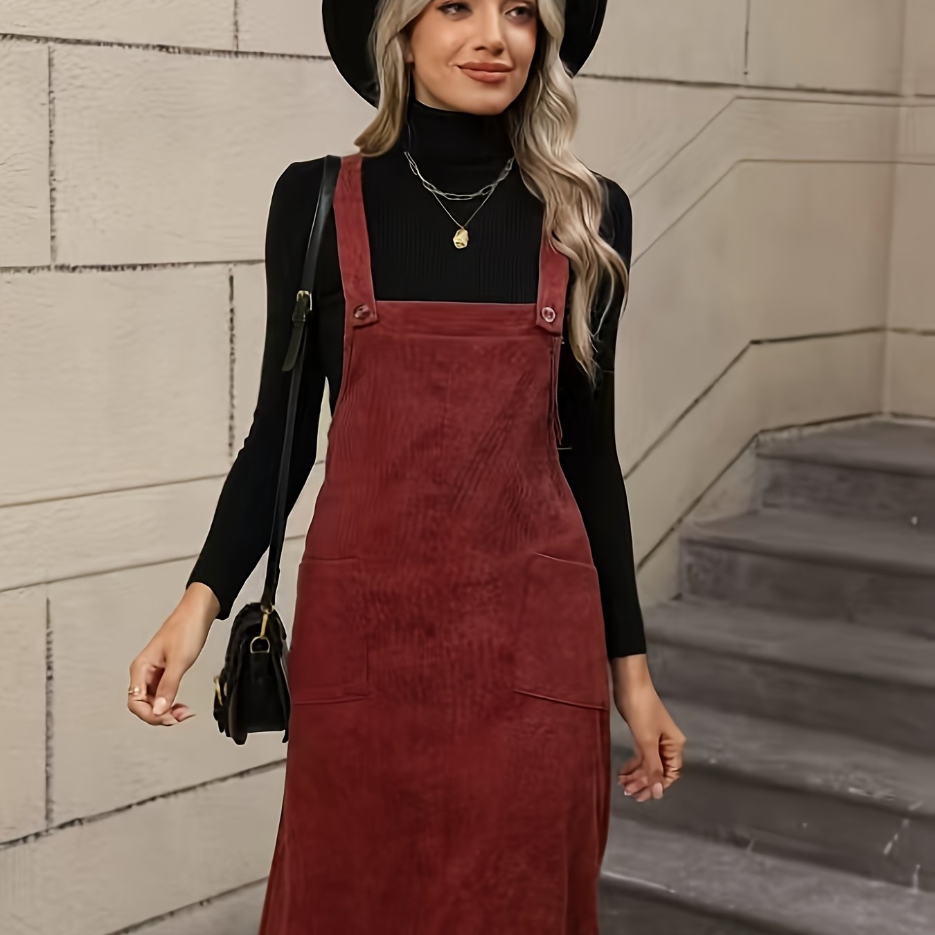 Burgundy Corduroy Suspender Dress With Retro Pockets, A Mid-length Style That A Look
