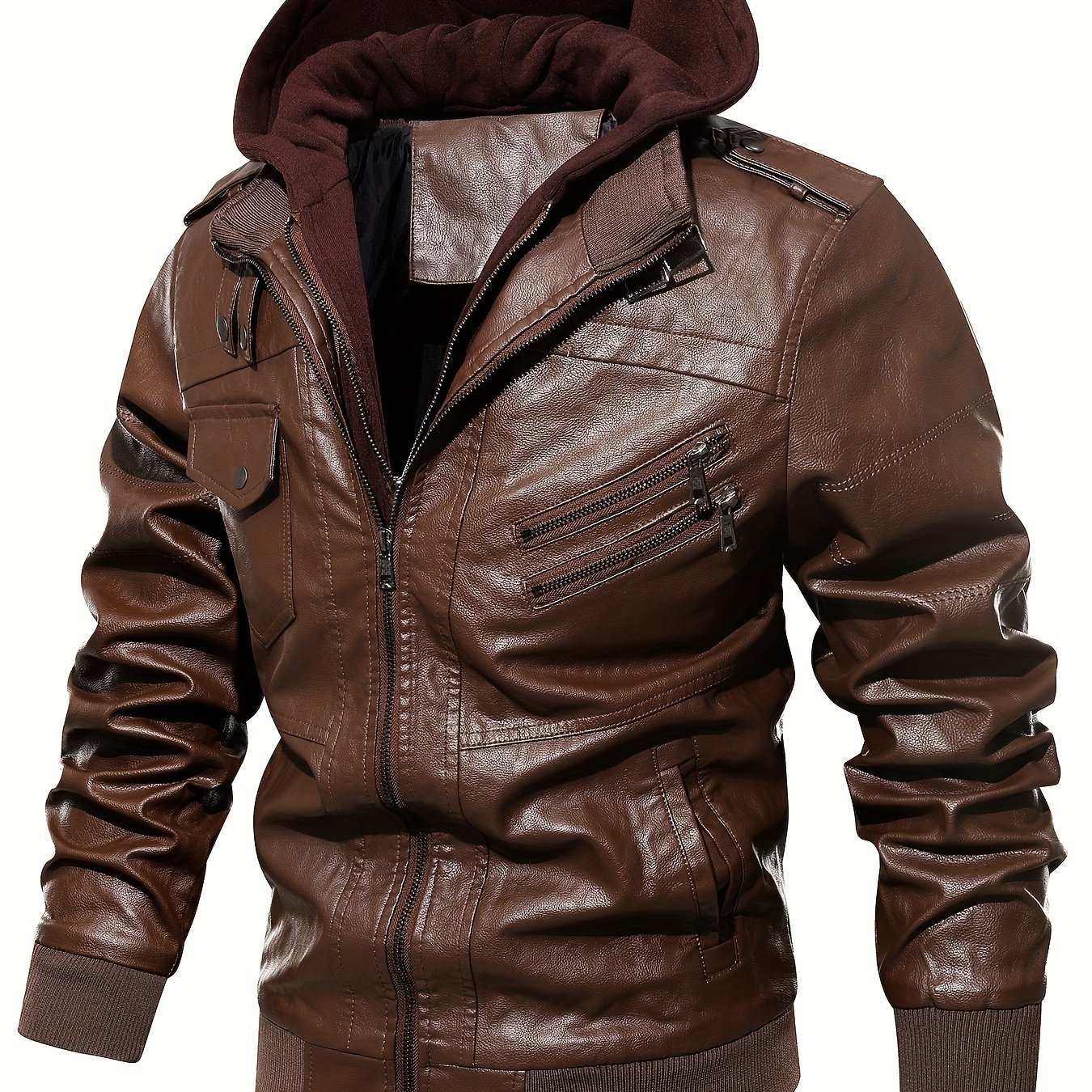Men's Solid Color Pu Leather Hooded Jackets Windproof - Temu