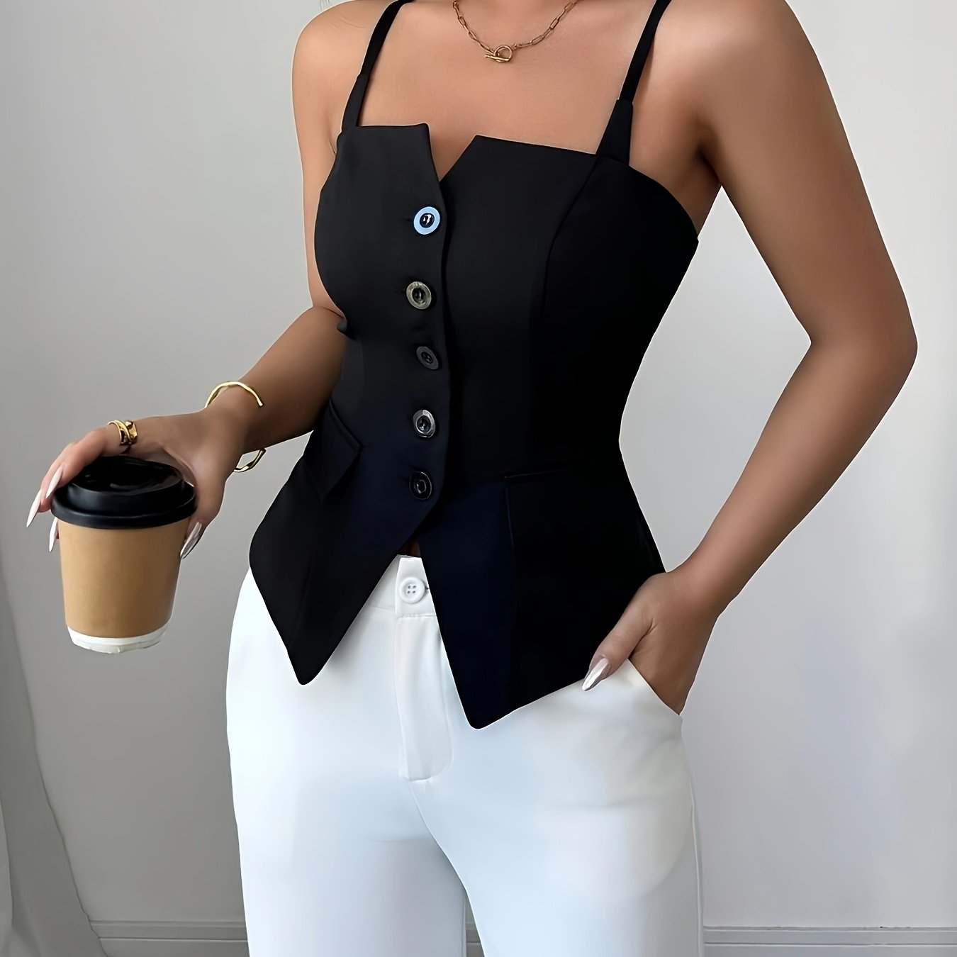 Spring/summer New Women's Stretch Adjustable Strap Slim A-line Slit Camisole Dress Black + Niannian